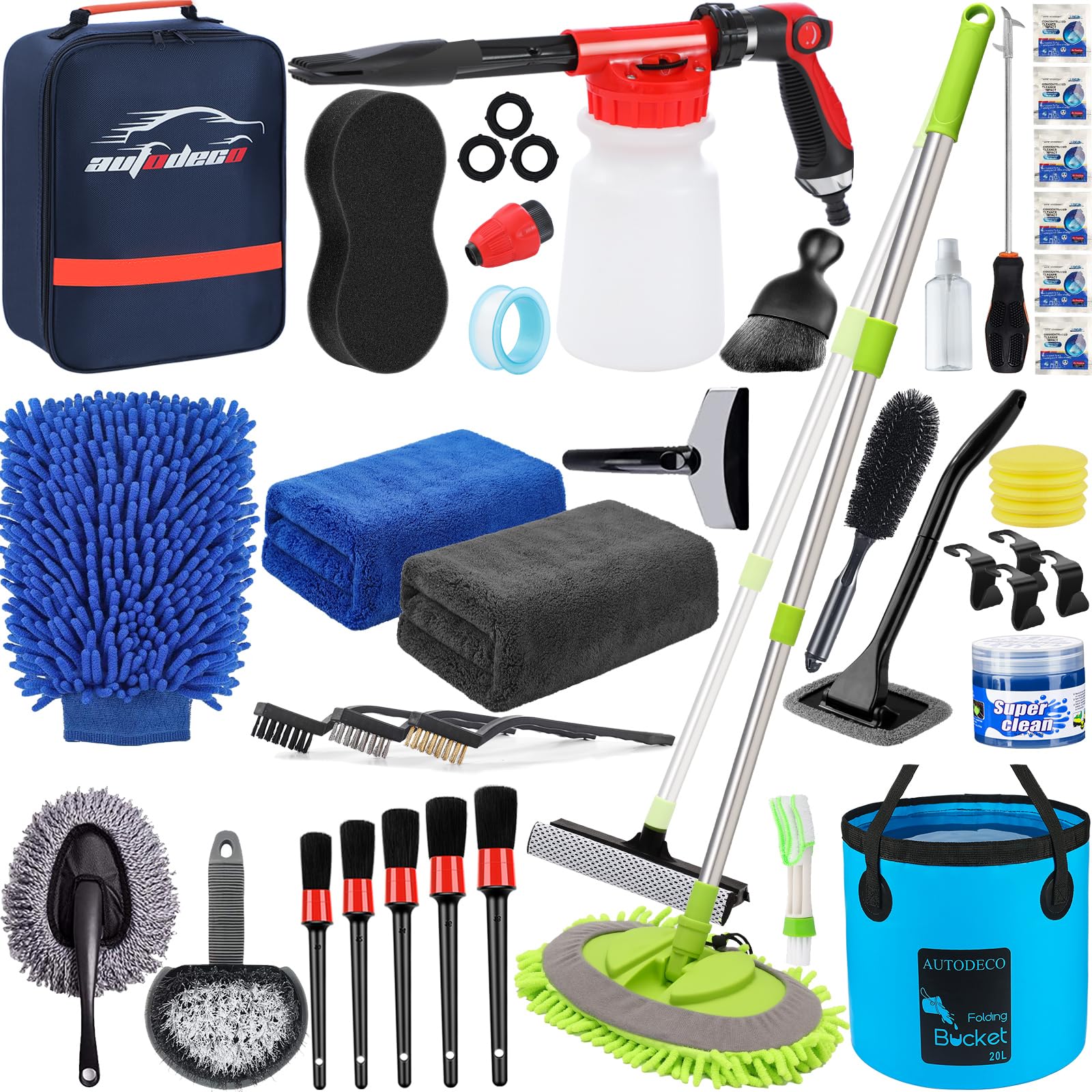 Autodeco 42Pcs Car Wash Detailing Kit Cleaning Kits With Foam Gun Sprayer Wash Brush With Long Handle Collapsible Bucket Large W