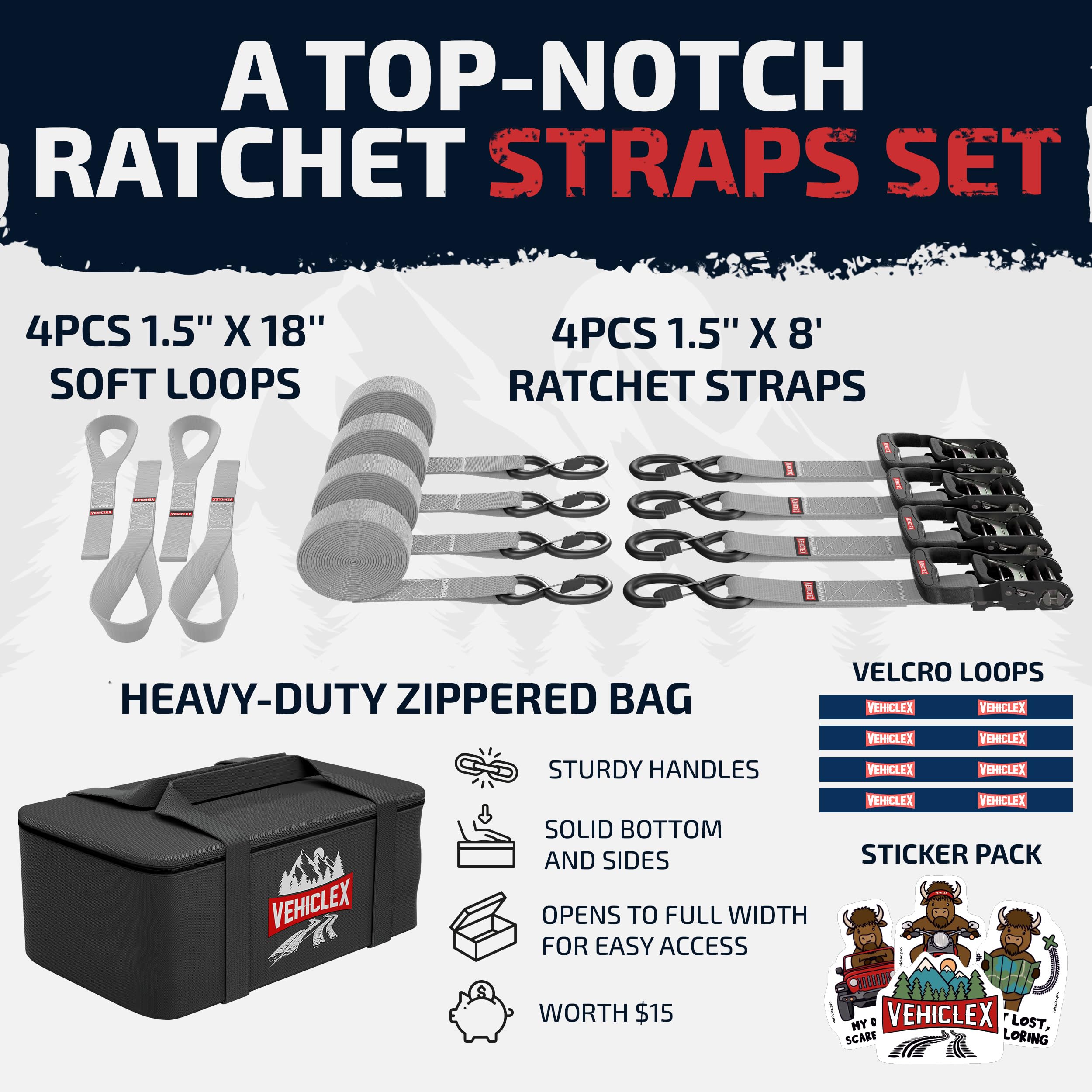 Vehiclex Motorcycle Ratchet Tie Down Straps With Soft Loops - 4Pk Heavy Duty 1.5'' X 8Ft Kit, 4,400 Lb Breaking Strength For Pow