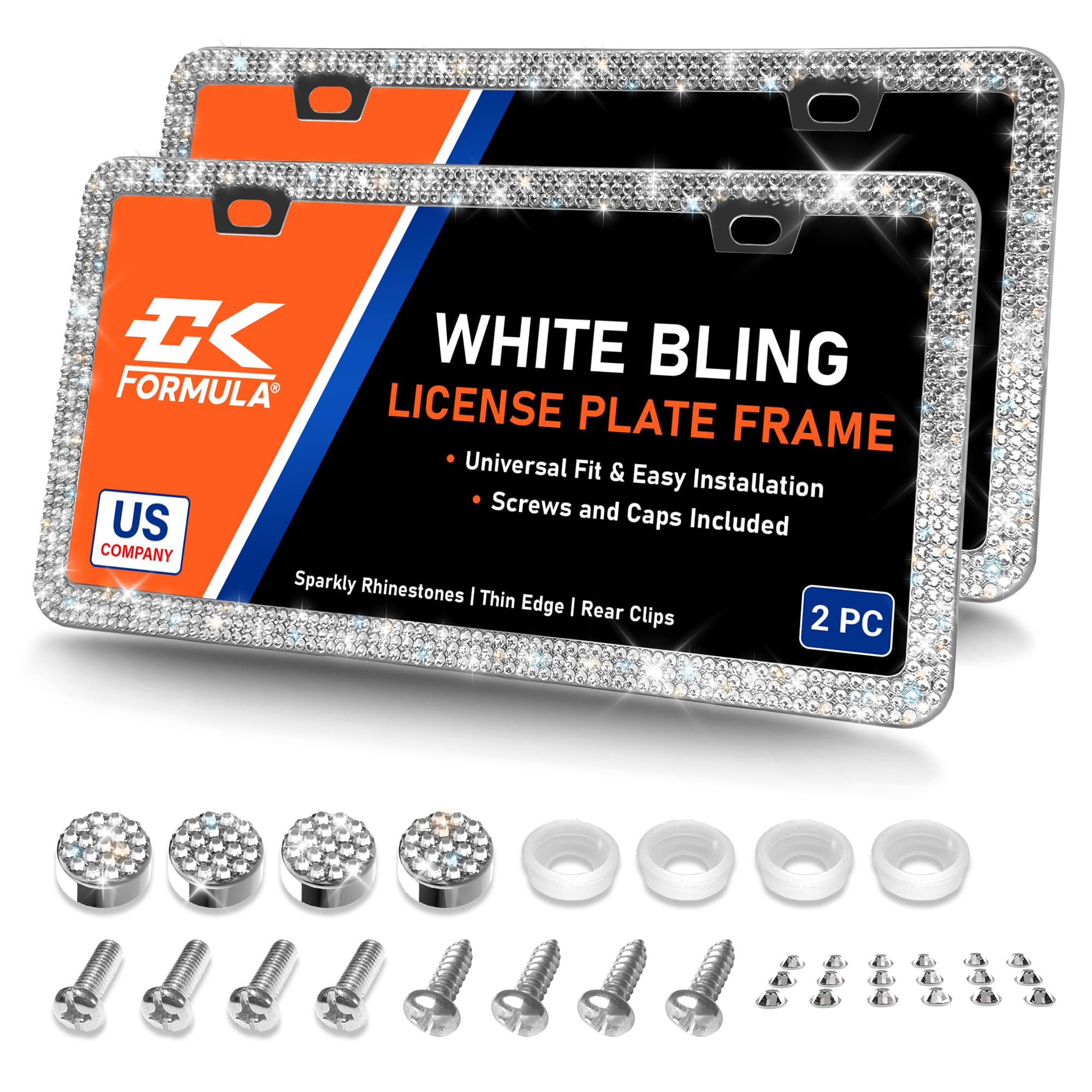CK Formula White Bling License Plate Frames for Women, Diamond License Plate Frame, Rhinestone License Plate Frame, Stainless St