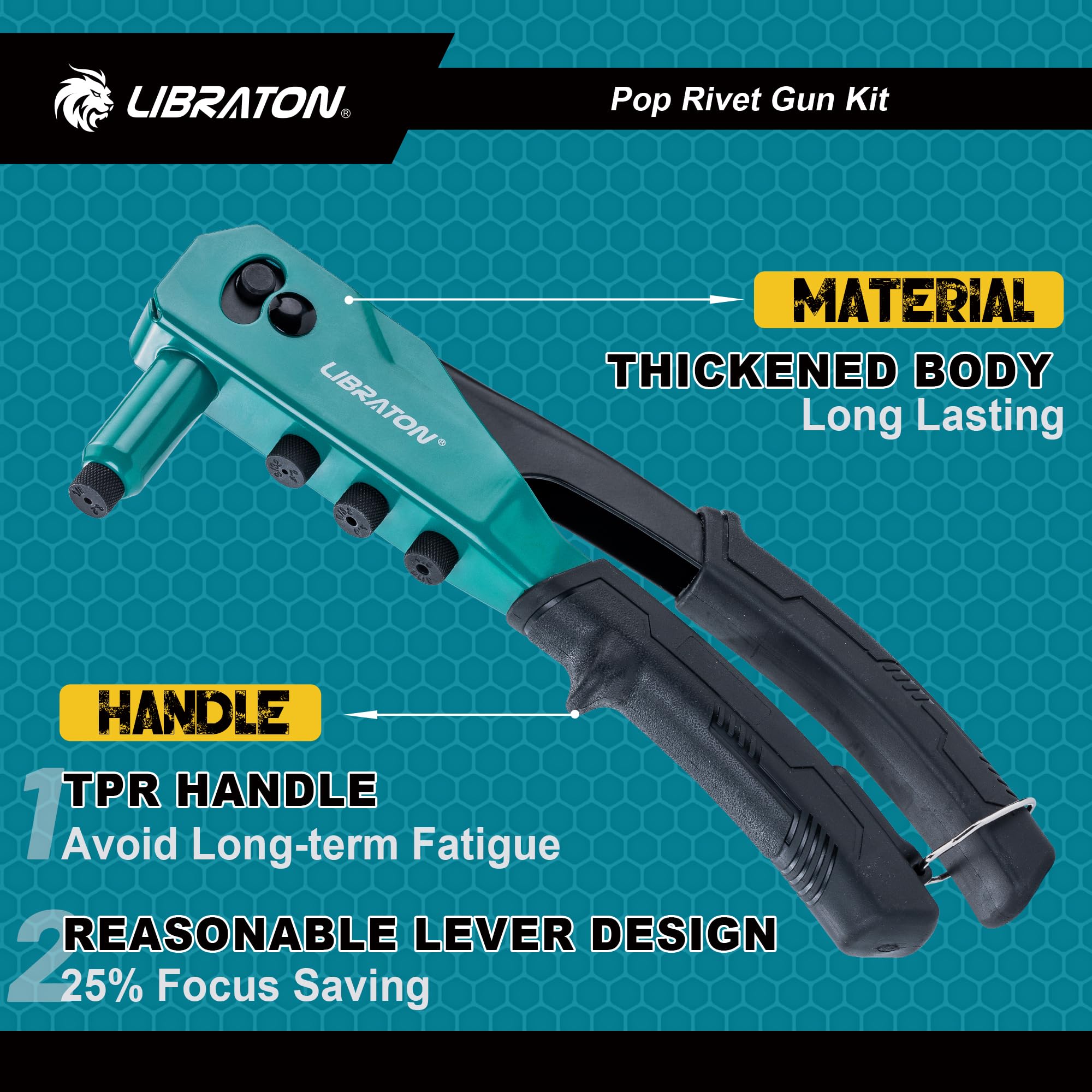 Libraton Rivet Gun Kit, Pop Rivet Gun, Heavy Duty Rivet Tool, Professional Hand Riveter, Manual Riveting Tool With 120 Blind Riv