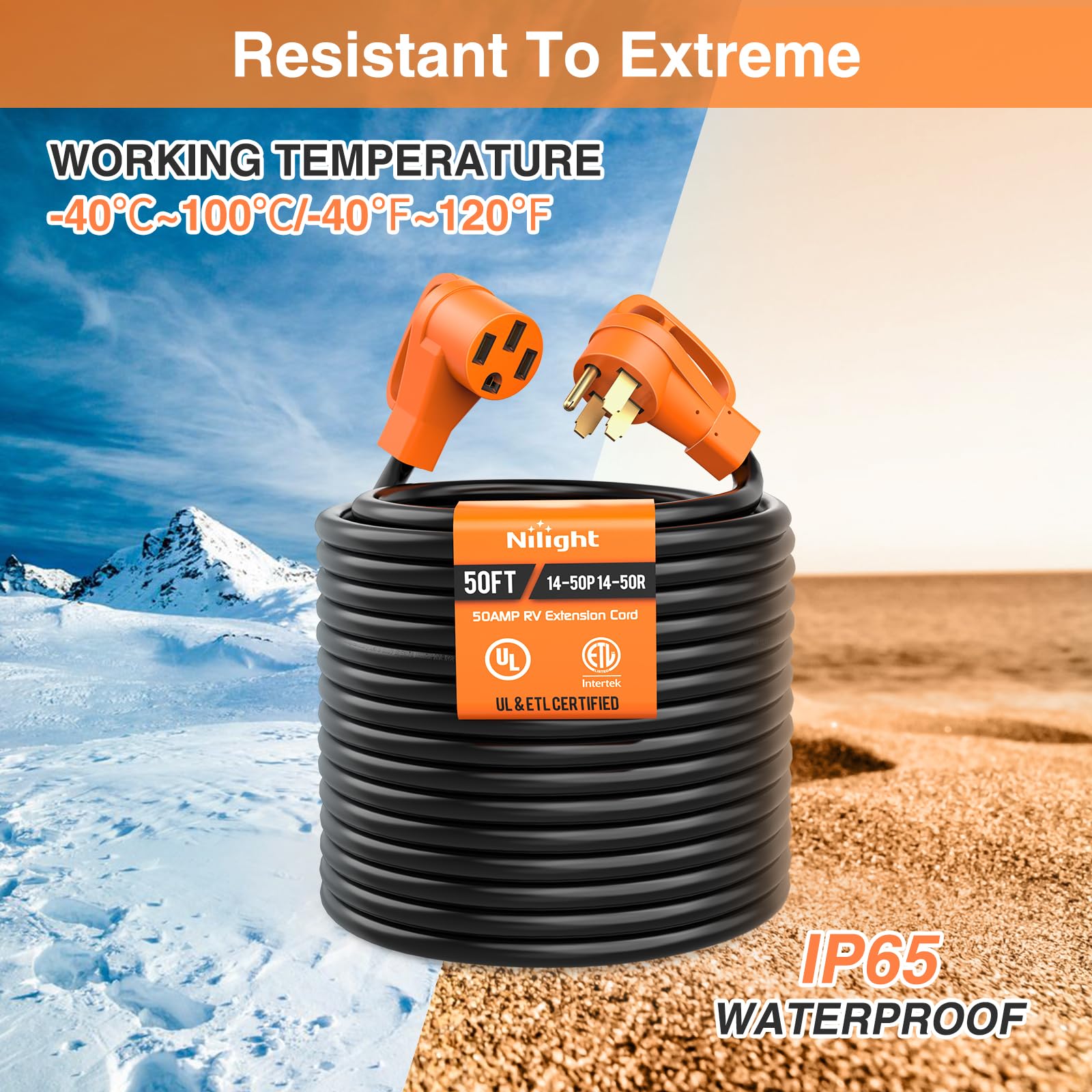 Nilight 50Ft 50 Amp Rv Extension Cord With Adapter 15Amp To 50Amp 250V Heavy Duty 6/3+8/1 Gauge Pure Copper Stw Wire Ul Etl List