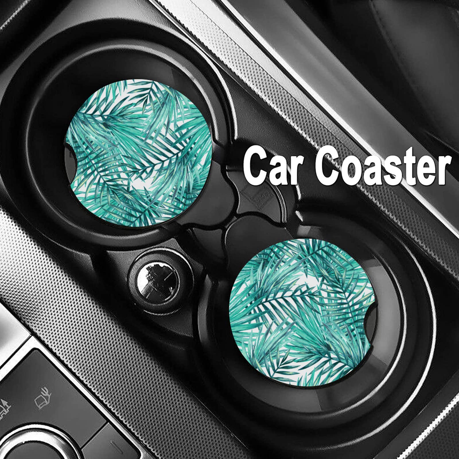 Tropical Palm Leaves Absorbent Car Cup Coasters,Cup Holders,Cork Base Drink Coasters With Finger Notch For Easy Move Of Car Cup