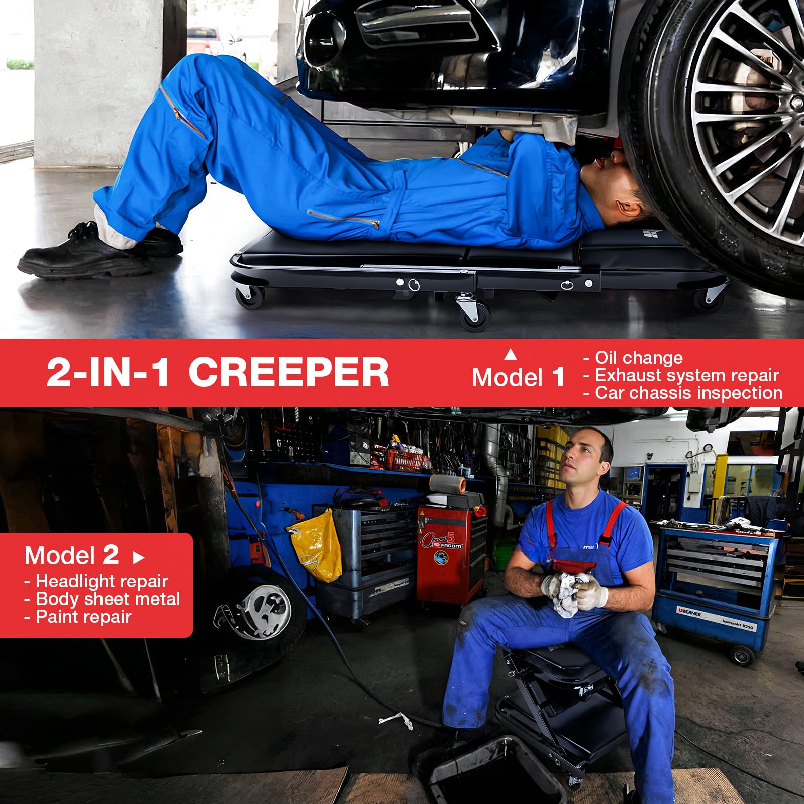 WheelX Mechanic Creeper 40 inches 2-in-1 Mode Z Seat 480lbs Capacity, Foldable Garage Adjustable Rolling Folding with 6pcs Wheel