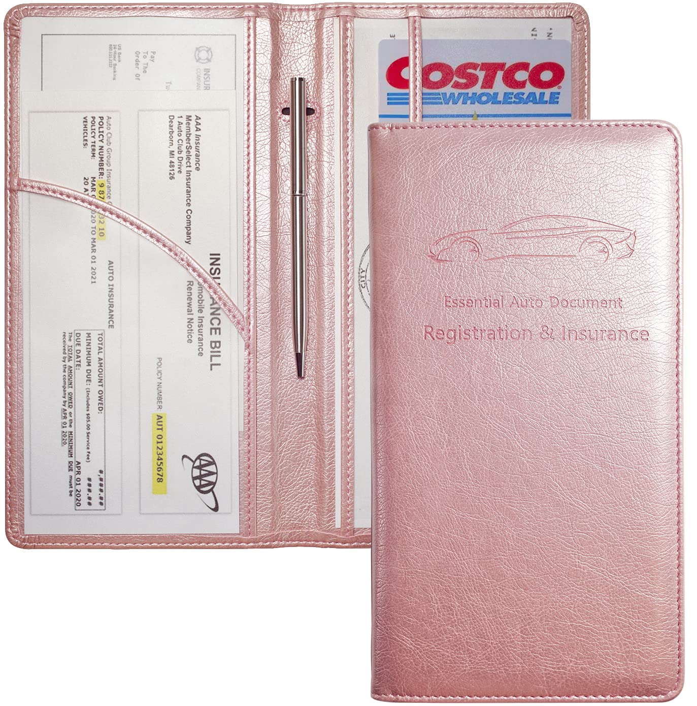 Yarnic Car Registration And Insurance Holder, Car Document Holder With Magnetic Closure, Car Accessories Wallet For Driver License, Cards And Other Essential Documents (Rose Gold)