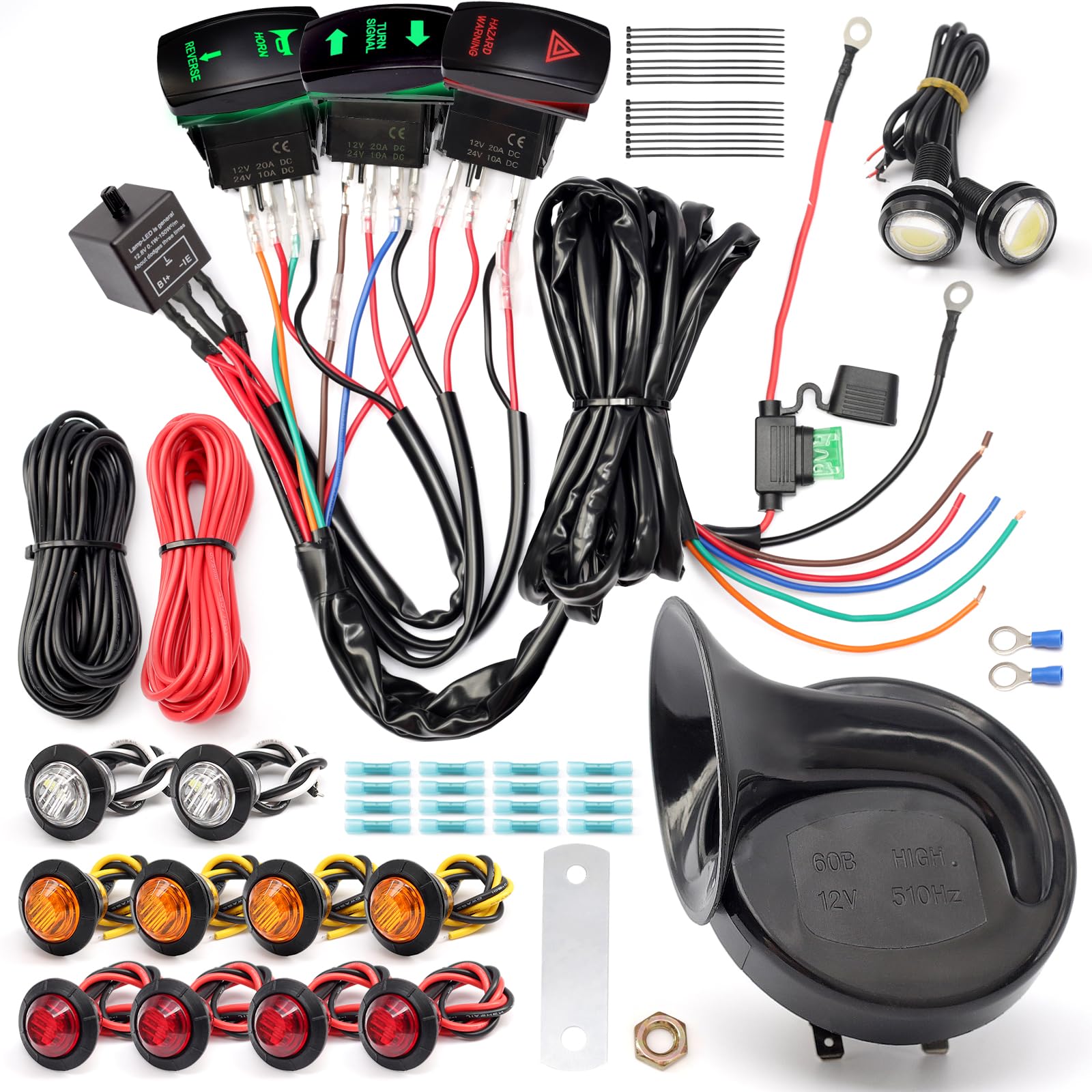 Erchon Pre-Wired Atv Utv Turn Signal Horn Kit,Universal Street Legal Kit Warning Light Rocker Switch Kit With 1Horn Reverse Ligh