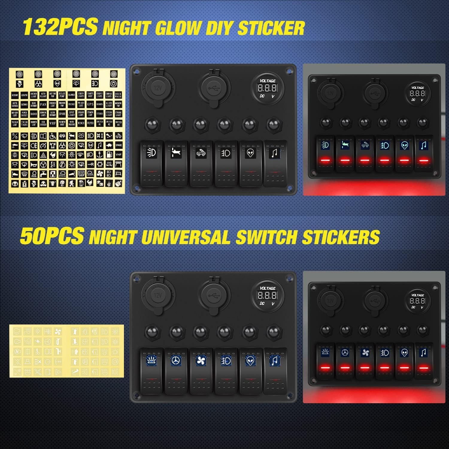 Nilight 6 Gang On Off Rocker Switch Panel Red Backlit 12V 24V Led Digital Voltmeter 3.1A Dual Usb Charger Cigarette Lighter Sock