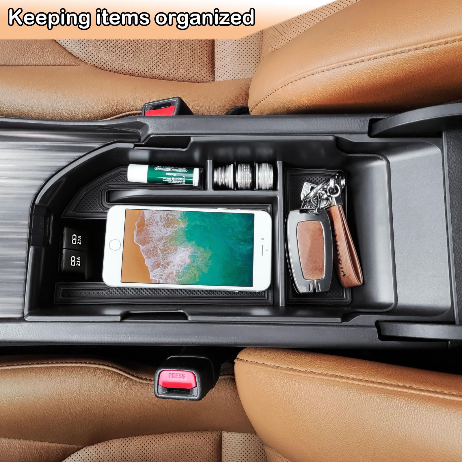 TACOBRO Center Console Organizer for Camry XLE/XSE 2018-2023, Armrest Storage Box, Rubber, Black Trim, Fits Dual USB Ports