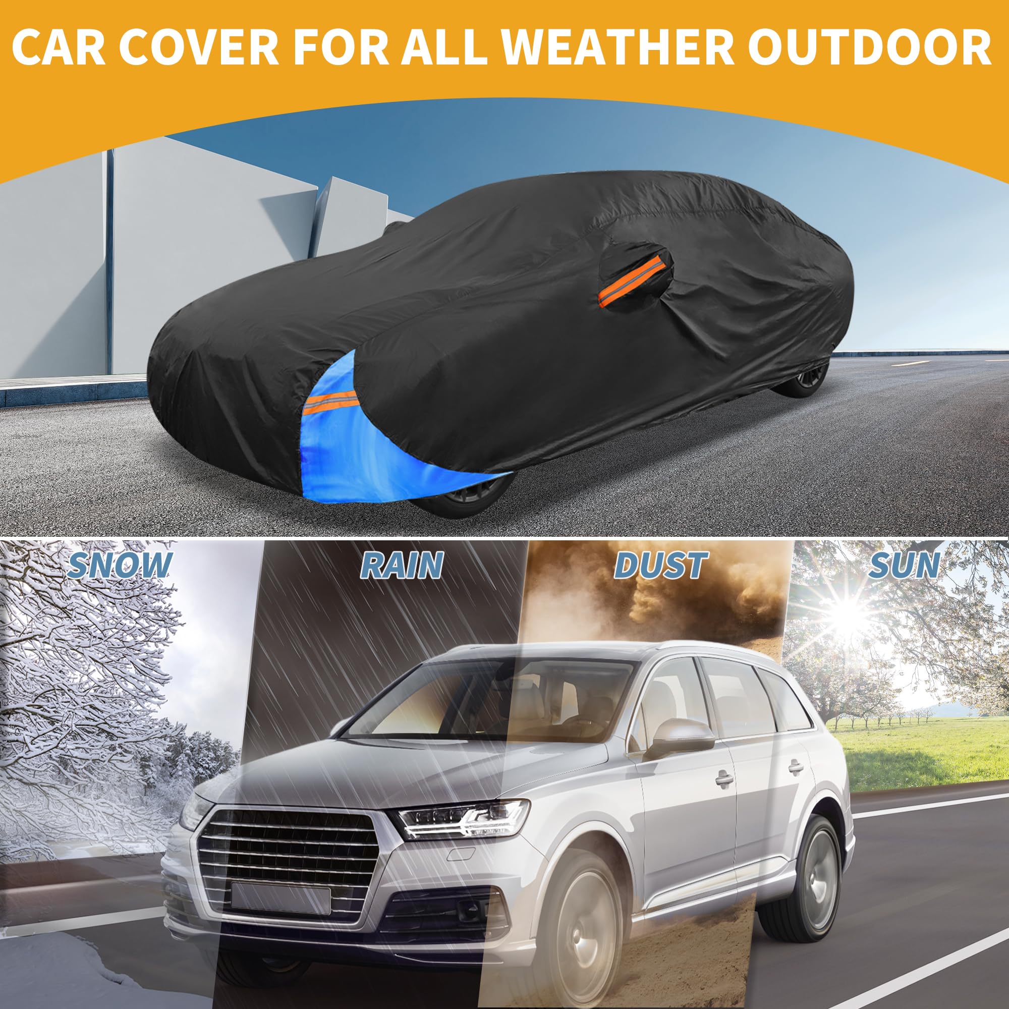 Partuto Waterproof All-Weather Universal Car Cover with Right Side Zipper, 210D-PU Black Blue Fits for Sedan 177'' to 185'' Leng