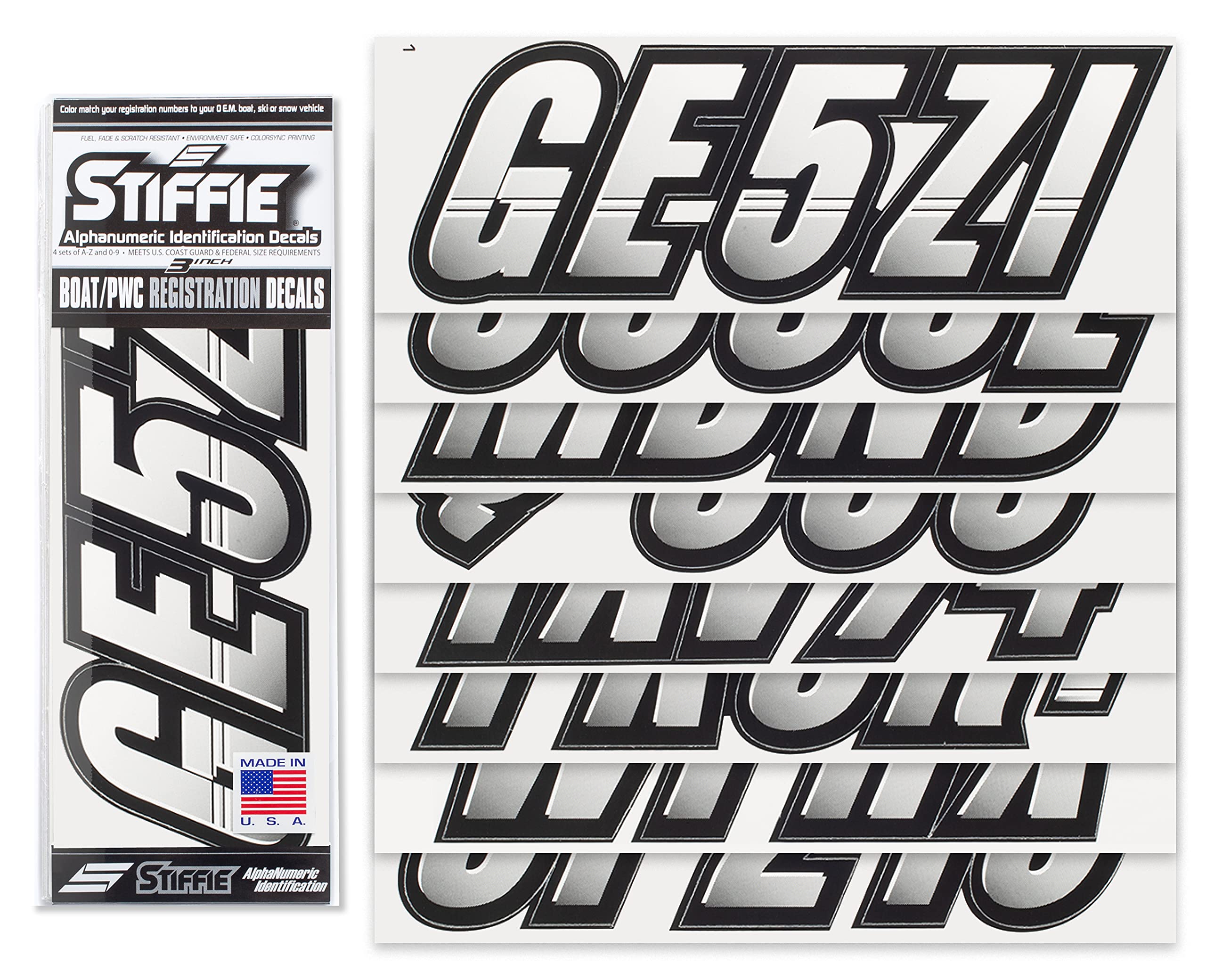 Stiffie Techtron White/Black 3 '' Alpha-Numeric Registration Identification Numbers Stickers Decals For Boats & Personal Watercr