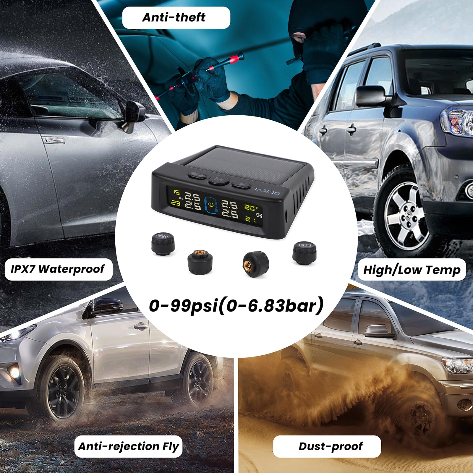 RV Tire Pressure Monitoring System with Solar and USB Charger, Trailer TPMS with 4 Sensors & 6 Alarm Modes, LCD Display Screen,