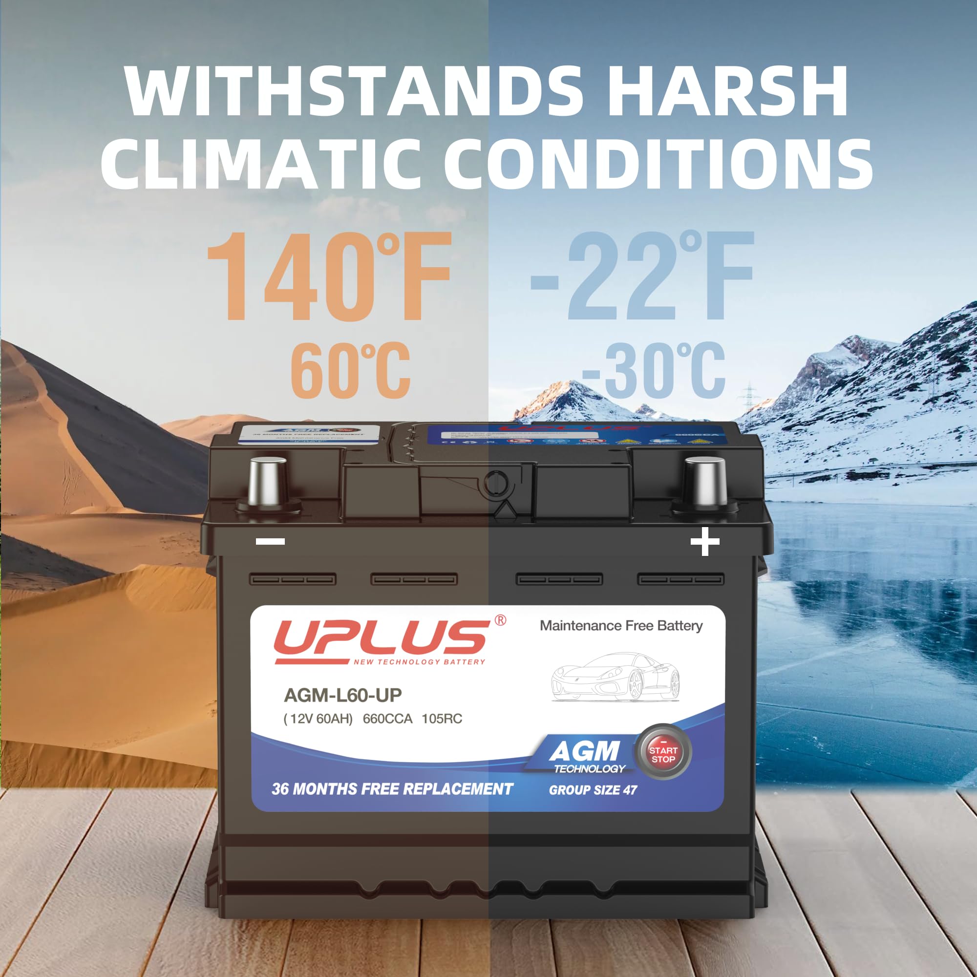 Uplus Bci Group 47 Car Battery, Agm-L60-Up Maintenance Free 12V 60Ah Premium Agm Batteries H5 L2 Automotive Battery, 660Cca, 105