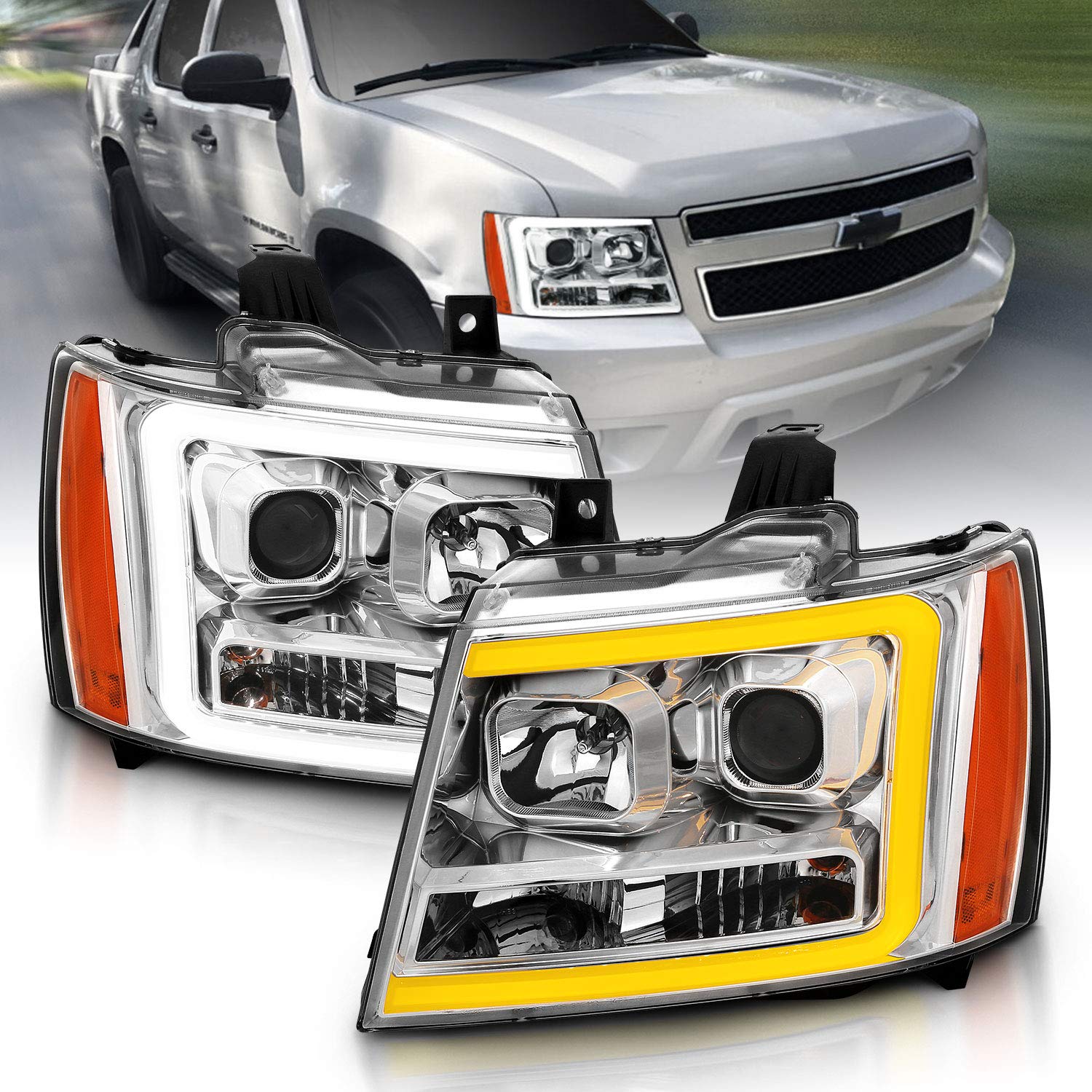 Amerilite For 2007-2013 Chevy Avalanche/Suburban/Tahoe Switchback Led Turn Siganl Tube Chrome Projector Headlights Assembly Pair