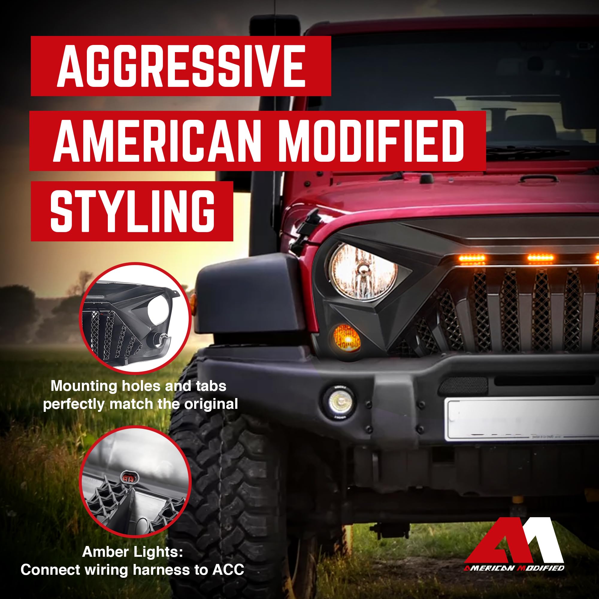 AM AMERICAN MODIFIED Front Goliath Grill for Jeep Wrangler JK 2007-2018, ABS Material, LED Lights, Matte Black, Model AMJPAA00122