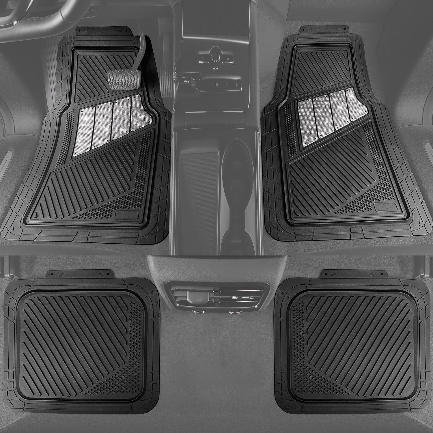 CAR PASS Heavy Duty Rubber Floor Mats 4-Piece Bling Car Mats Full Set - Universal Waterproof Floor Mats for Car SUV Truck, Durab