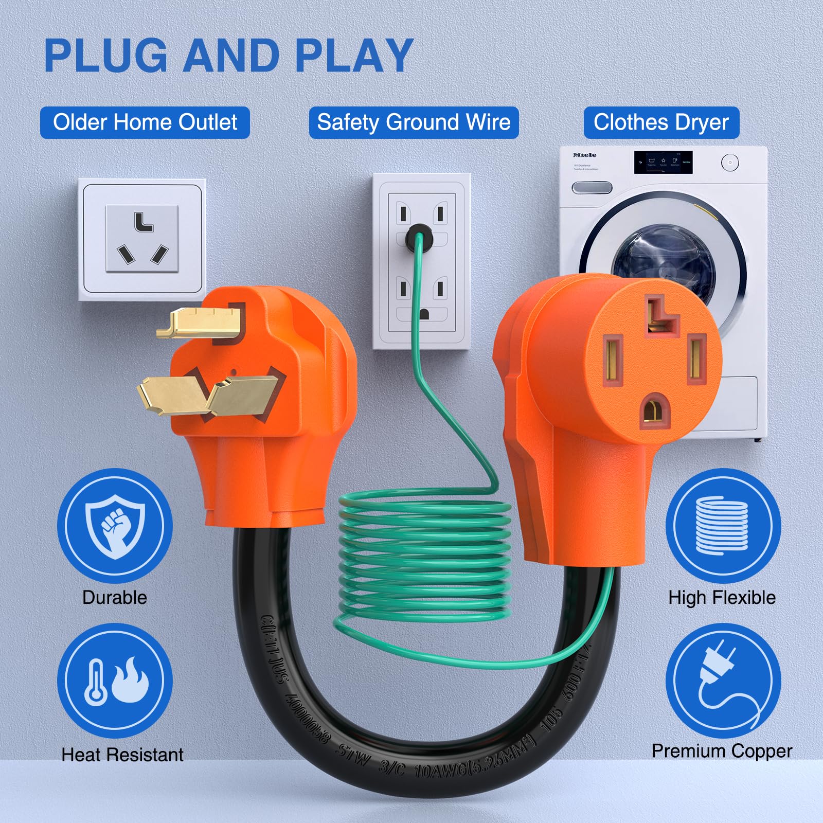 Nilight Dryer Adapter Cord 30 Amp To 30 Amp 3 Prong 125V 3750 Watt Pure Copper Old Dryer Outlet To New Dryer Plug Conversion Hea