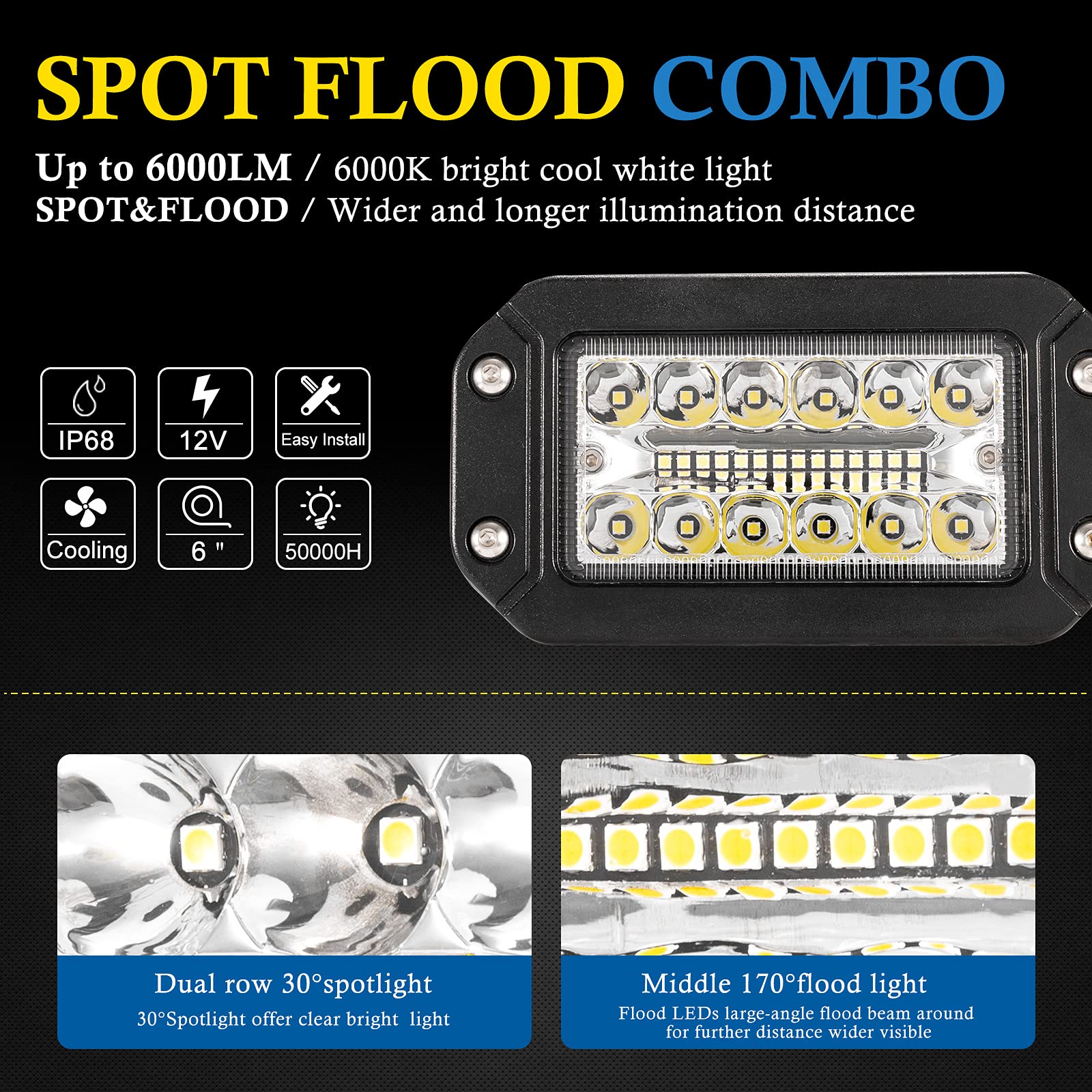 Flush Mount Led Light Pods, Bunker Indust 2Pcs 6 Inch Spot Flood Combo Beam 6000 Lm Triple Row Driving Off Road Light Bar Waterp