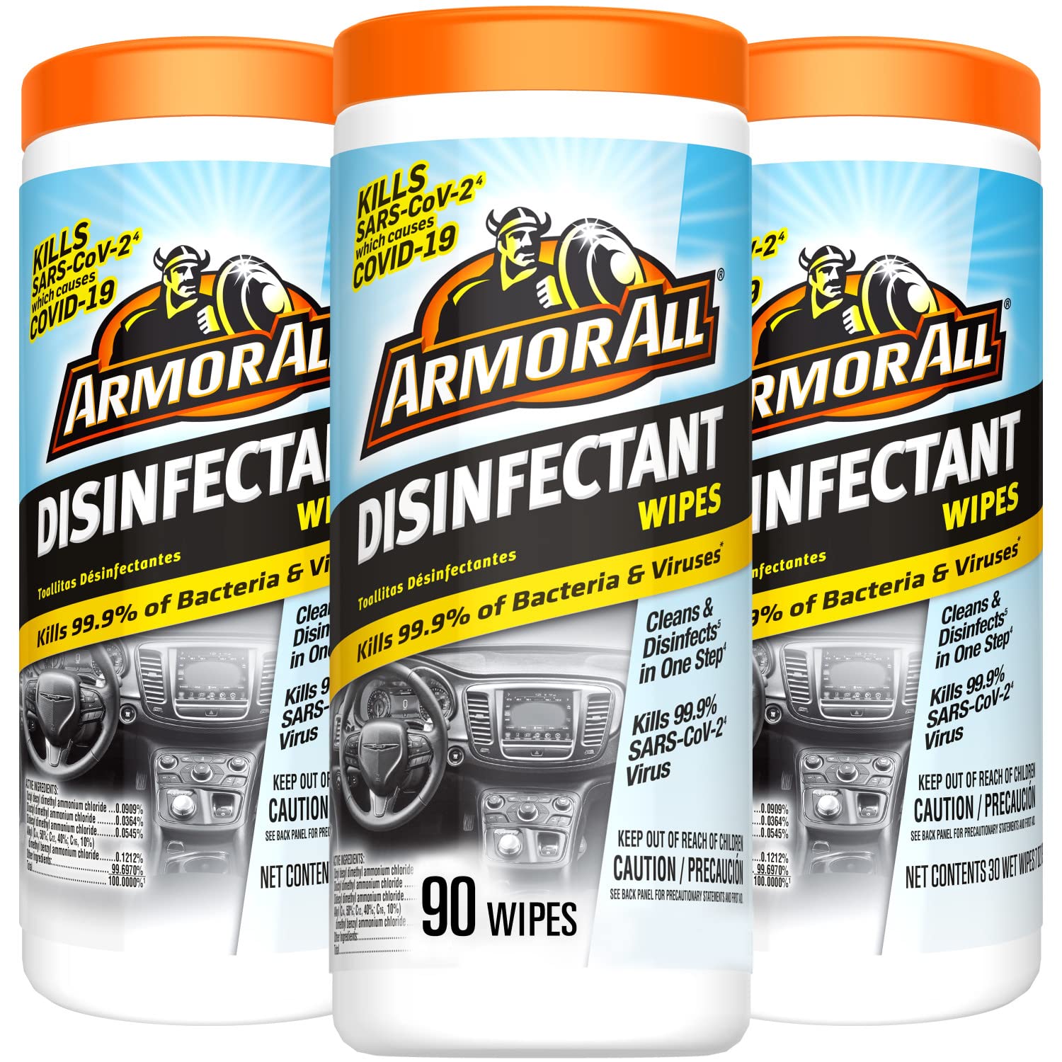 Armor All Car Disinfectant Wipes, Car Cleaning Wipes For Cars, Trucks, Motorcycles, 30 Wipes Each, 3 Pack