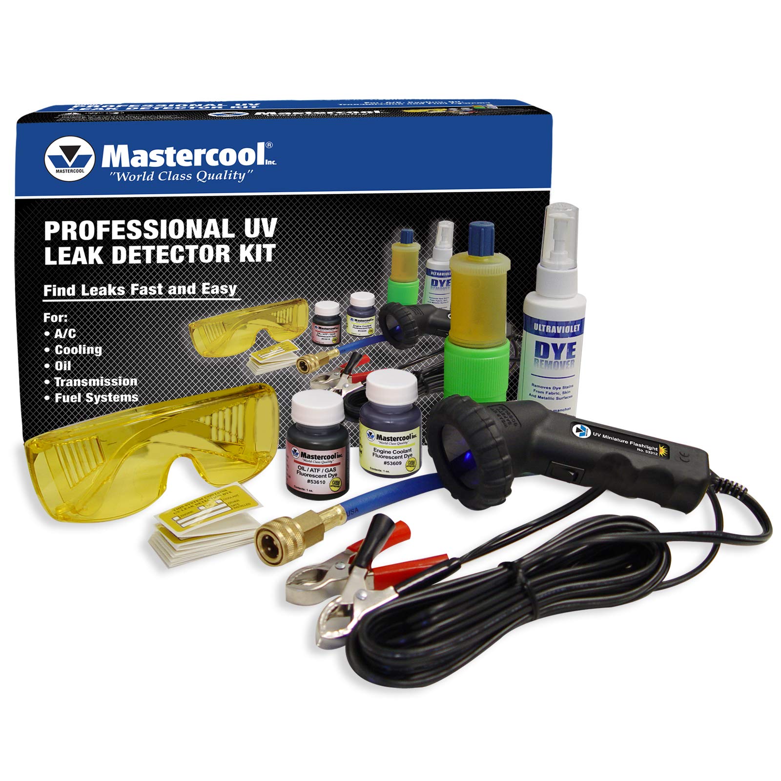 Mastercool 53351 Professional UV Leak Detection Kit - 12V High-Intensity Light - Detects A/C, Coolant, Fuel, Oil, ATF Leaks - In