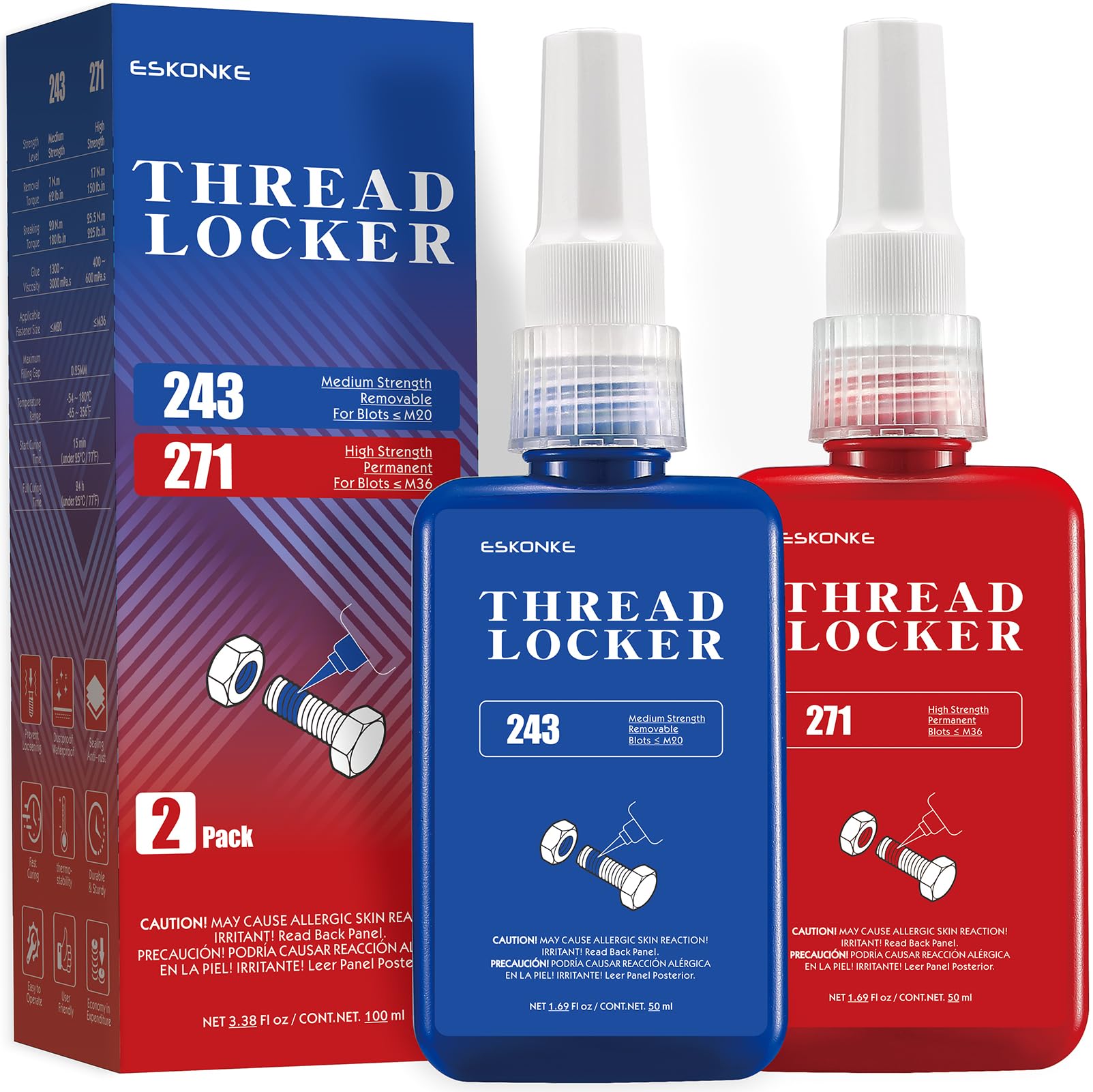 2 Pack Thread Locker - Blue 243 (Medium) & Red 271 (High) - Metal Screw Locking Sealant For Bolts/Nuts/Fasteners - Prevents Loos