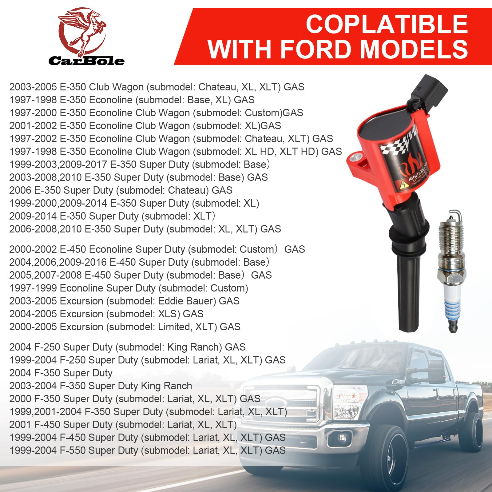Carbole Ignition Coils Pack Dg508 & Iridium Spark Plug Sp479, Compatible With Ford E350 E450 Econoline Super Duty F350 F450, Rep