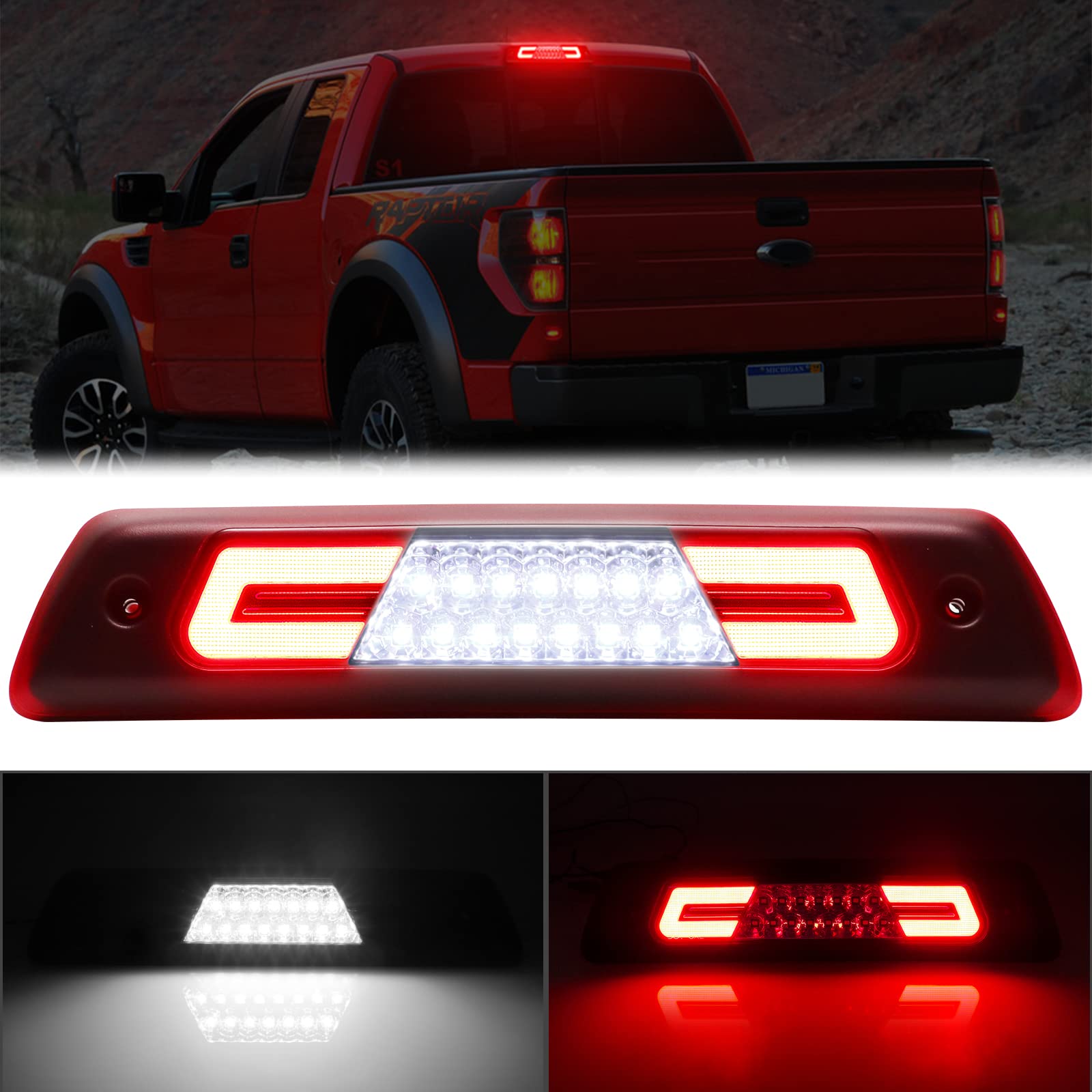 R&F Auto Led Clear Red Lens 3Rd Brake Light Replacement For F150 (2009-2014) High Mount Stop Lamp Tail Rear Cab Roof Cargo Lights With Seal Foam Gaskets