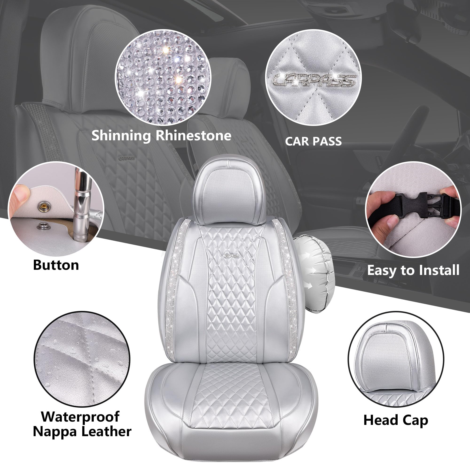 Car Pass Nappa Leather Car Seat Covers For Full Set Bling Silver Diamond Universal Luxury Cushion, Waterproof Anti-Slip Seat Pro