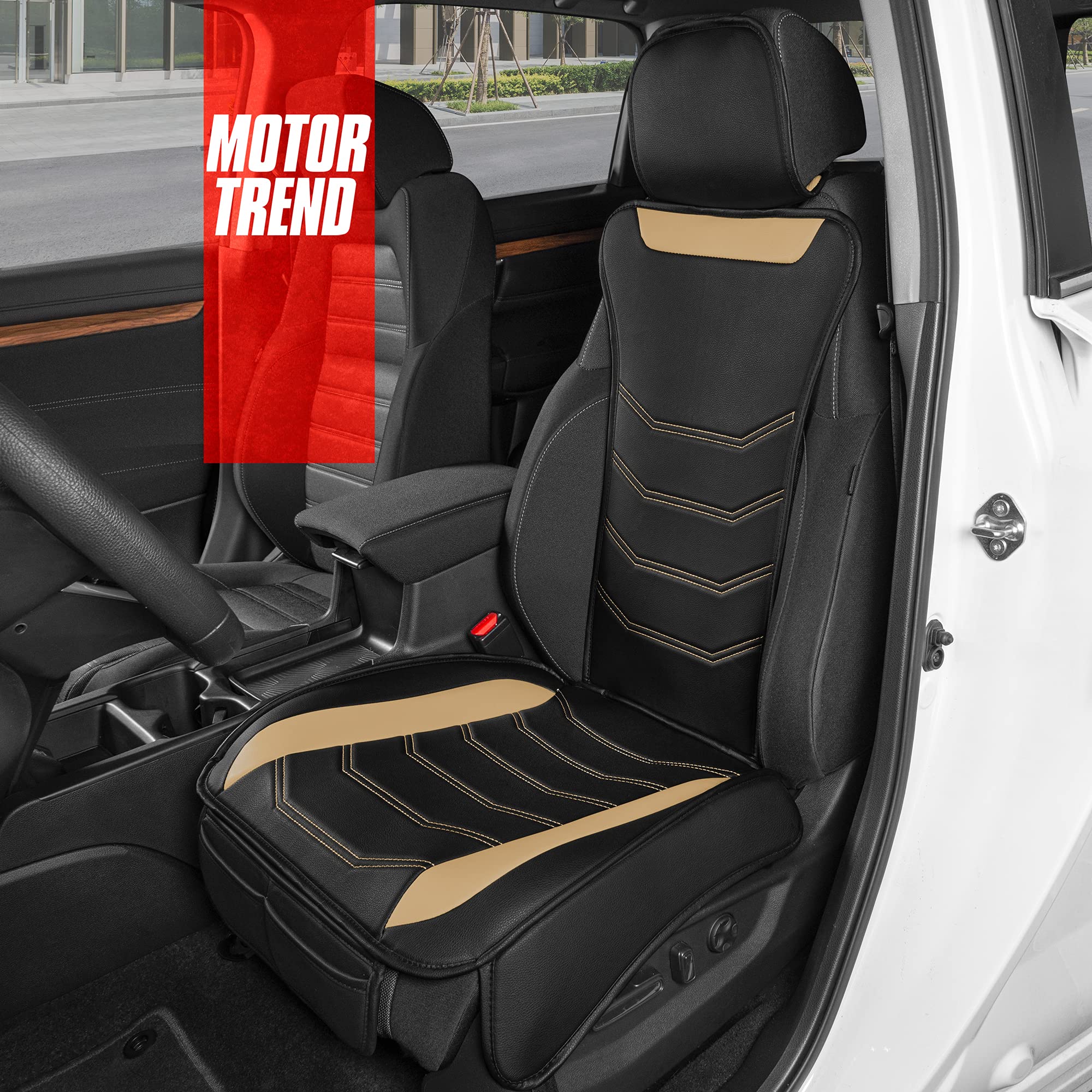Motor Trend Luxefit Beige Seat Cover For Cars Trucks Van Suv (1 Piece), Premium Faux Leather Car Seat Cover, Easy To Install Aut