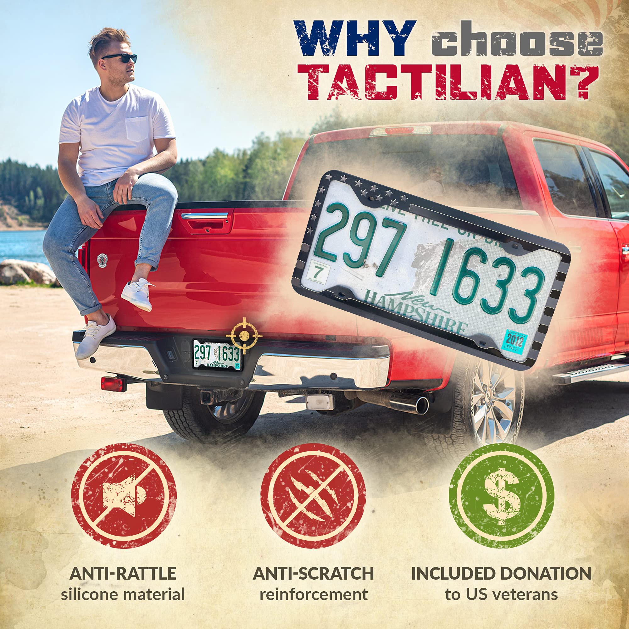 Tactilian Motorcycle License Plate Frame American Flag (Black) Anti Rattle Silicone Subdued 3D Stars And Stripes Usa Flag Gloss