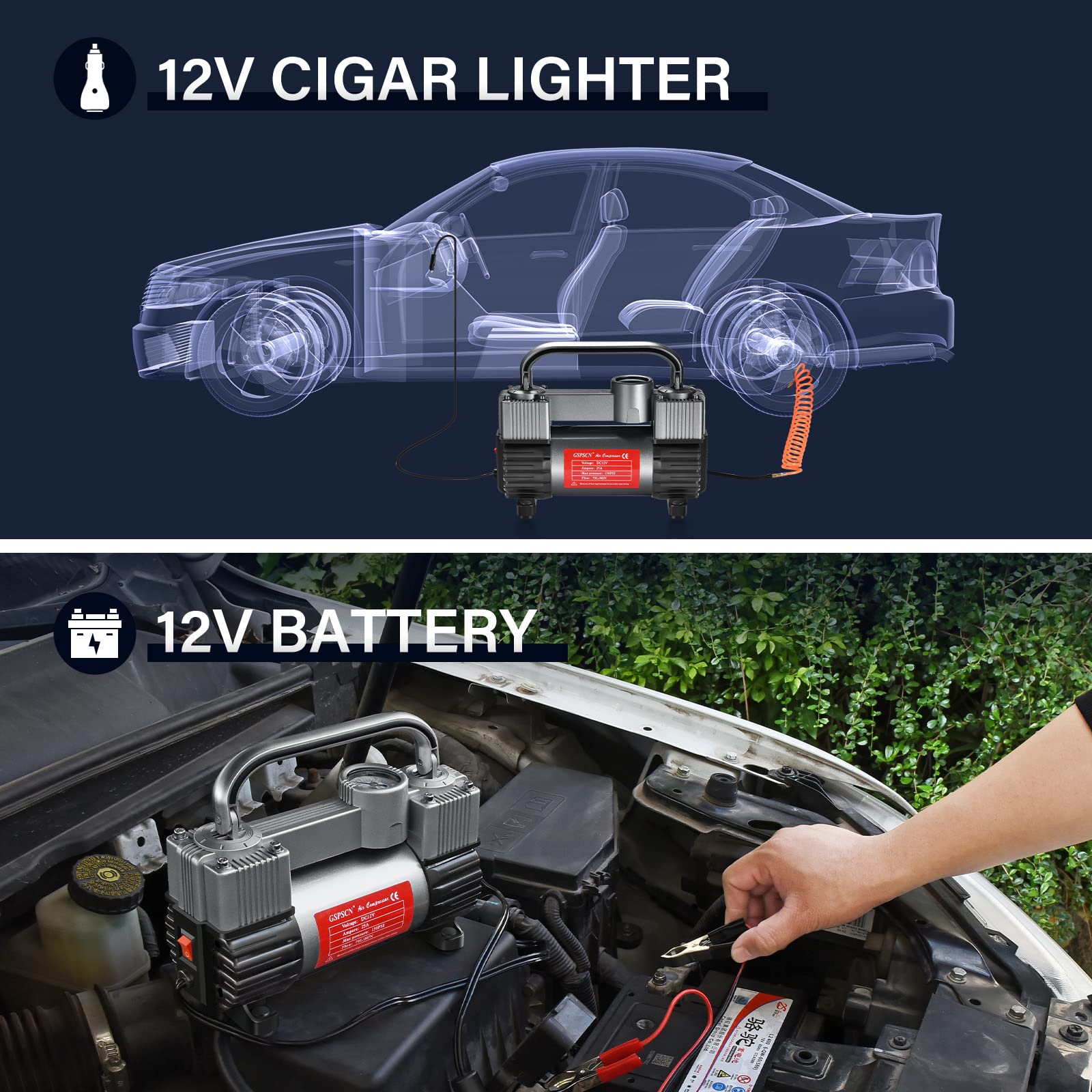 Gspscn Tire Inflator Heavy Duty Double Cylinders, Portable Metal Dc 12V Air Compressor, 150Psi Tire Pump With Adapter For Car, T