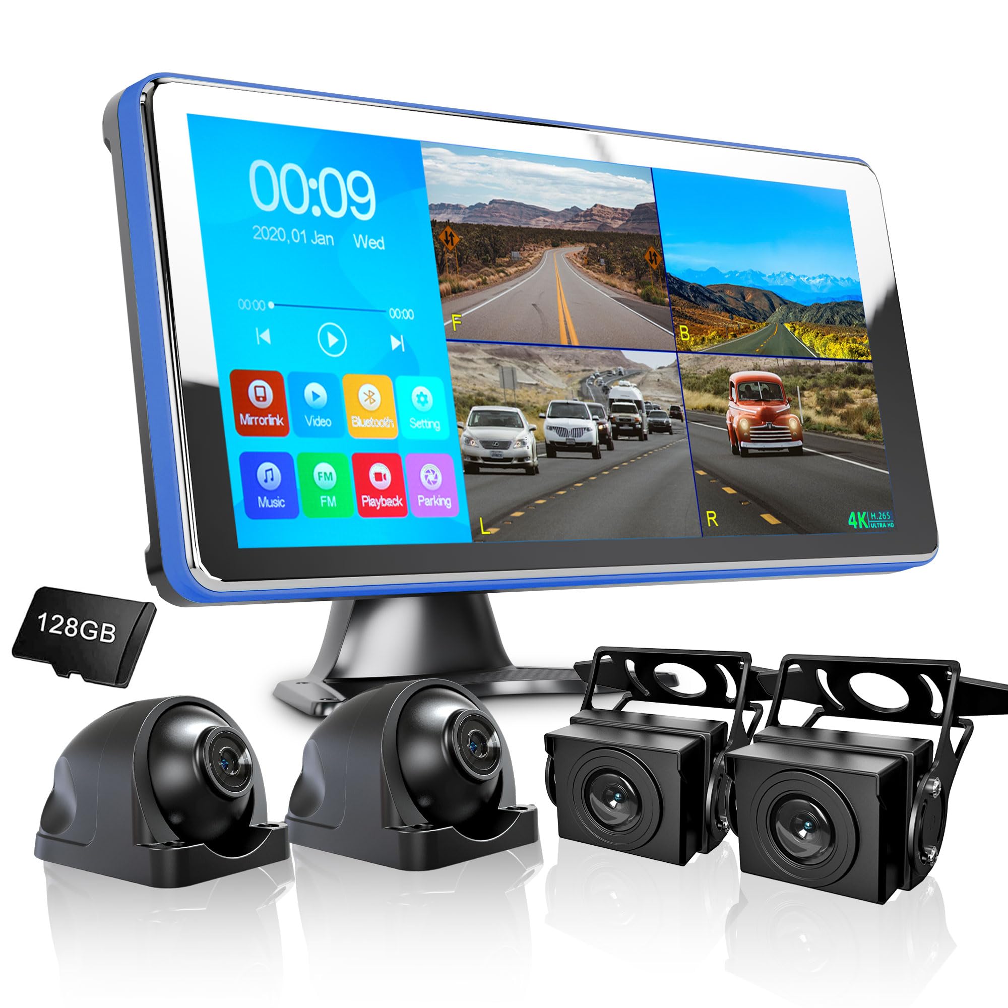 Aslong 4K Backup Camera 4Ch Dash Cam With 10.36'' Quad Split Touch Screen & 4 Ahd Front Rear Sides View Camera W/Dvr Recording M