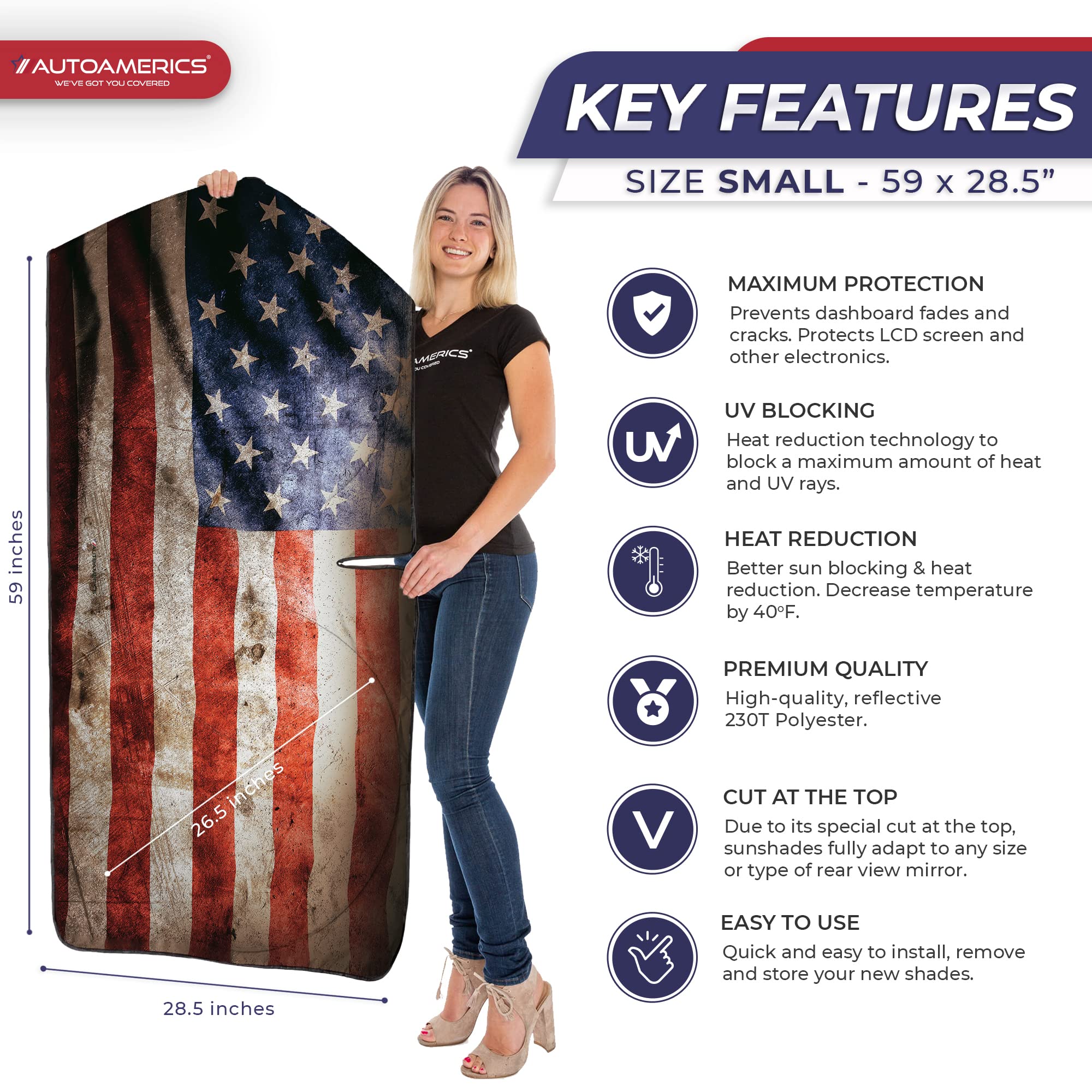 Autoamerics 1-Piece Windshield Sun Shade Grunge American Flag - 2 Usa Design - Foldable Car Front Window Sunshade For Most Sedan