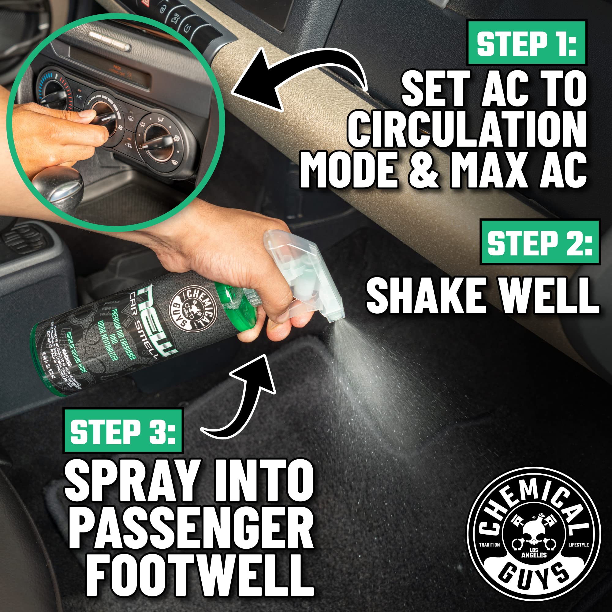 Chemical Guys New Car Smell Air Freshener, 16 fl oz - Long-Lasting Odor Eliminator for Cars, Trucks, SUVs & RVs - Black, Green