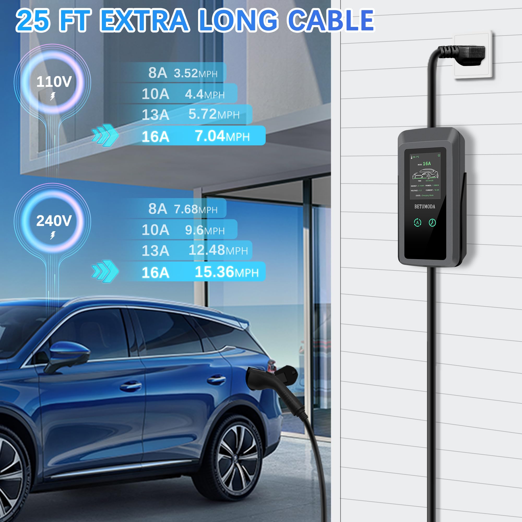 Level 1&2 EV Charger, 16Amp, Portable Charger for Home/Outdoor, 25FT Cable 110V-240V, J1772 Electric Cars, Charging Stations, Cu