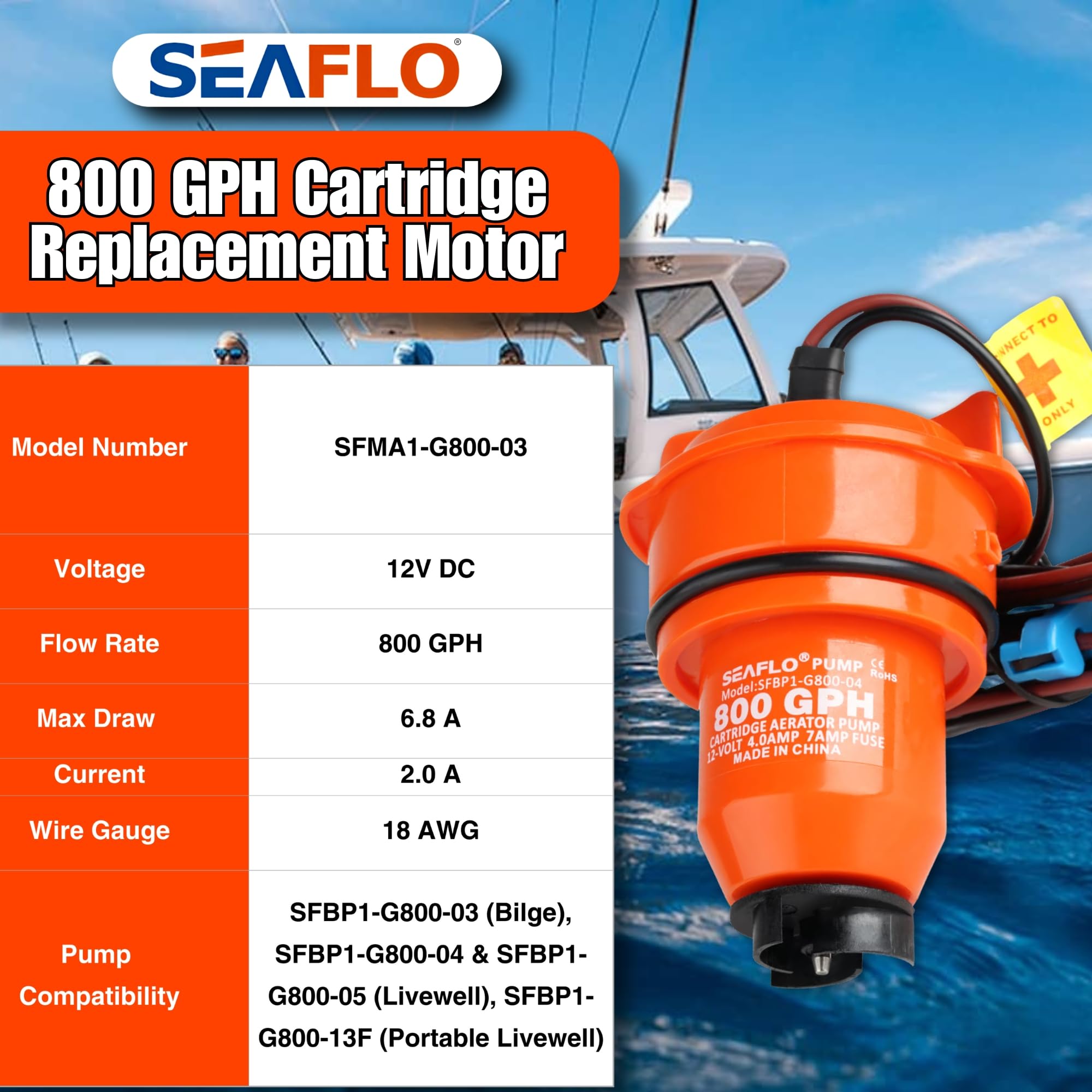 SEAFLO 12V 800 GPH Bilge/Livewell/Baitwell Pump Replacement Cartridge Motor - Fits SEAFLO Models: SFBP1-G800-03, SFBP1-G800-04 &