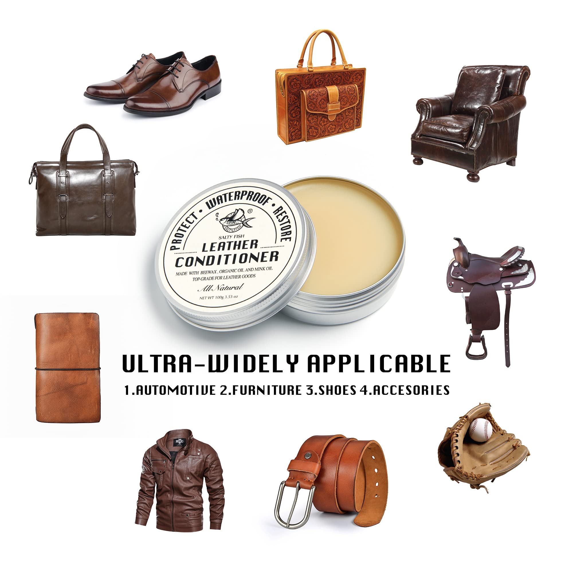 Salty Fish All-Natural Leather Conditioner And Cleaner,Made With Mink Oil Beeswax,Protect Soften Waterproof Leather Furniture,Ca