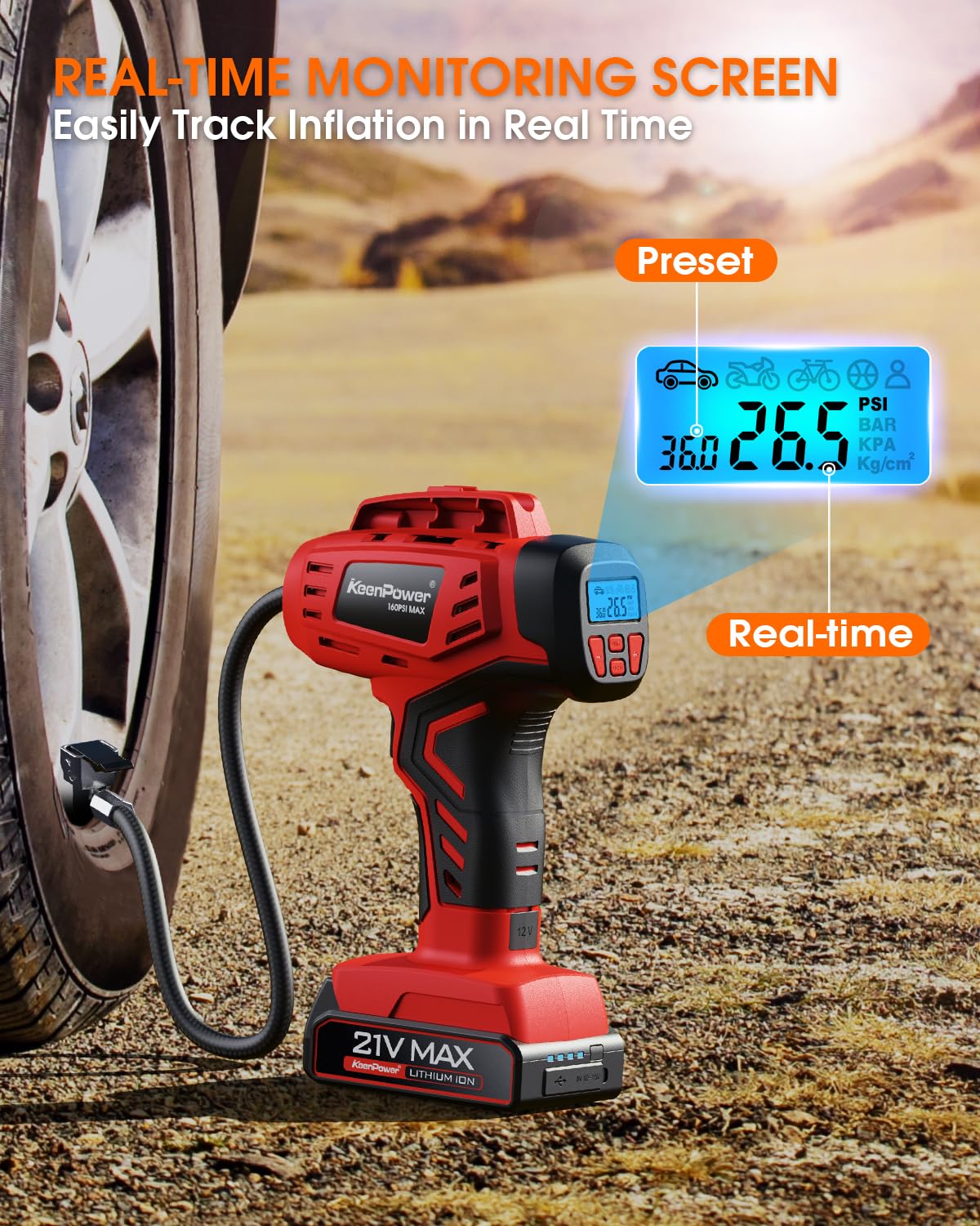 KeenPower Digital Cordless Tire Inflator Portable Air Compressor Automatic 160PSI w/Gauge Screen & 4+N Smart Mode & Dual Power S