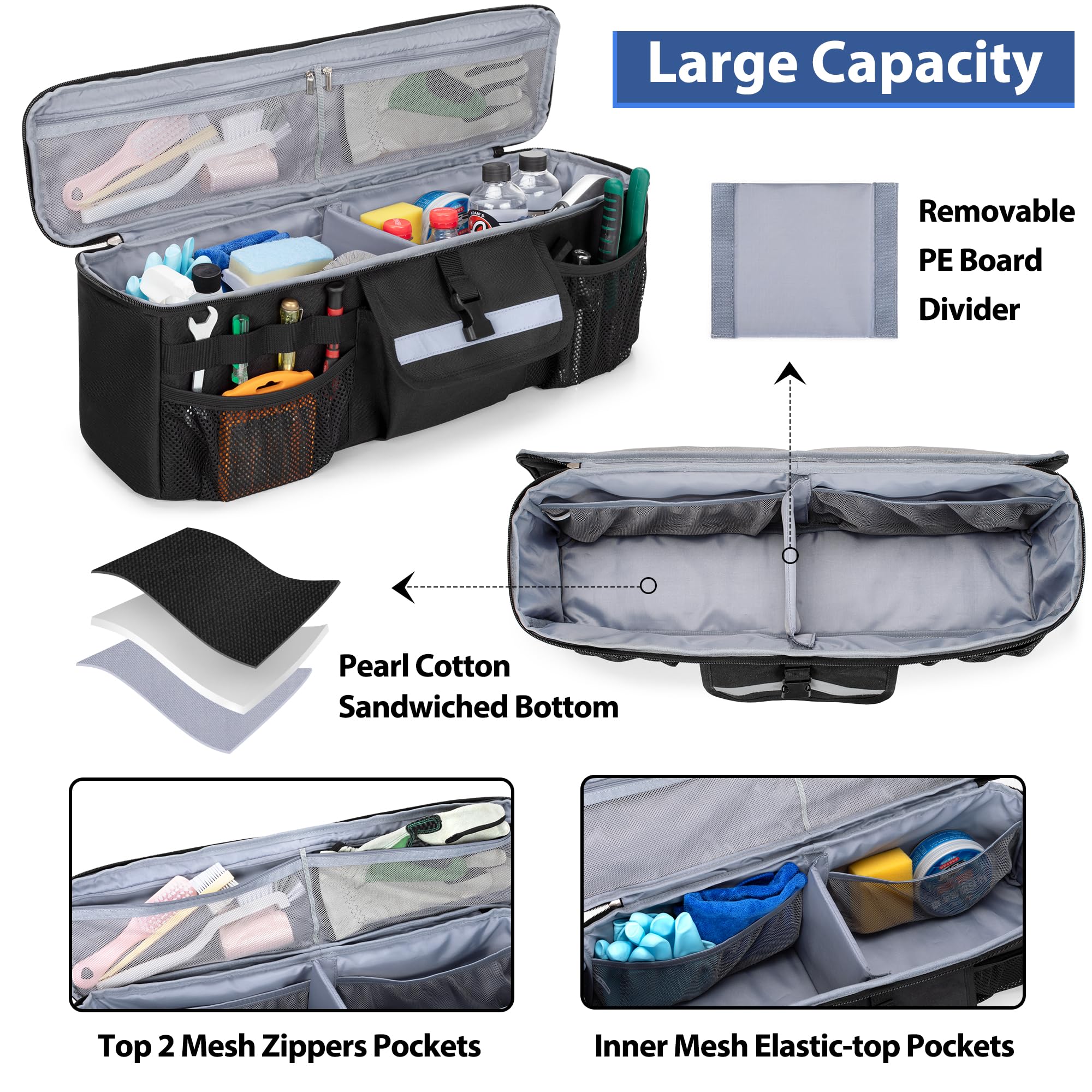 GRAOSO Car Trunk Organizer Compatible with Toyota FJ Cruiser 2007-2021, Rear Storage Bag with 3 Pieces of 1.5    Wide Hook&Loop