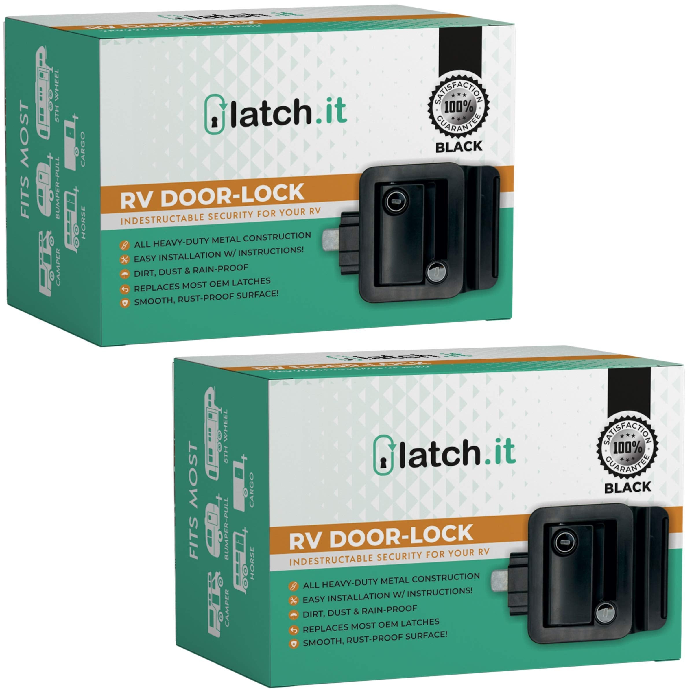 LATCH.IT Black RV Door Latch | 2 Keyed Alike RV Door Locks for Travel Trailers | Travel Trailer Door Latch | 100% Metal Camper D