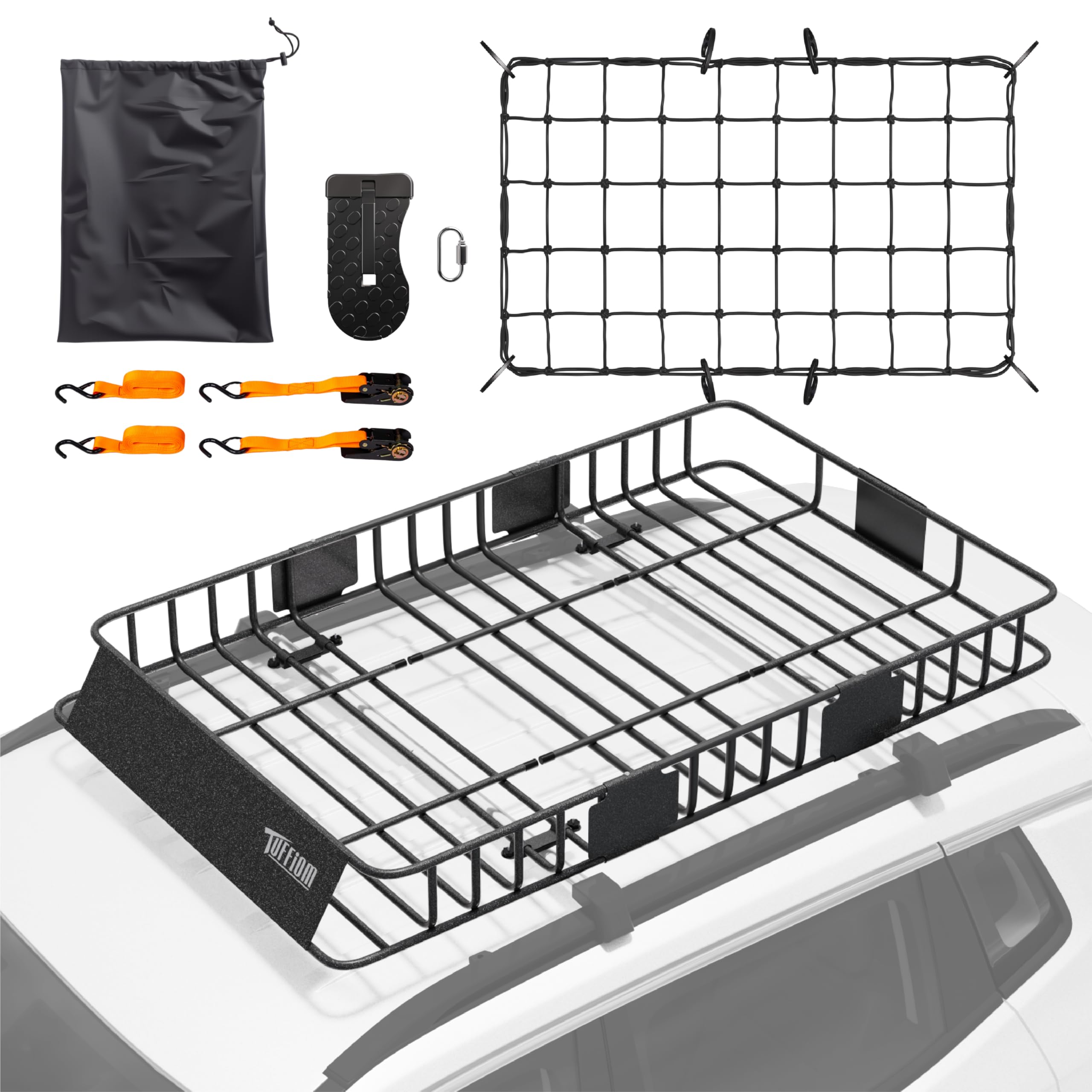 Tuffiom 250Lbs 64 X 39 X 6 Inch Extendable Roof Top Cargo Carrier Basket W/Net+Storage Bag+Footrest+Straps, Heavy Duty Rooftop L