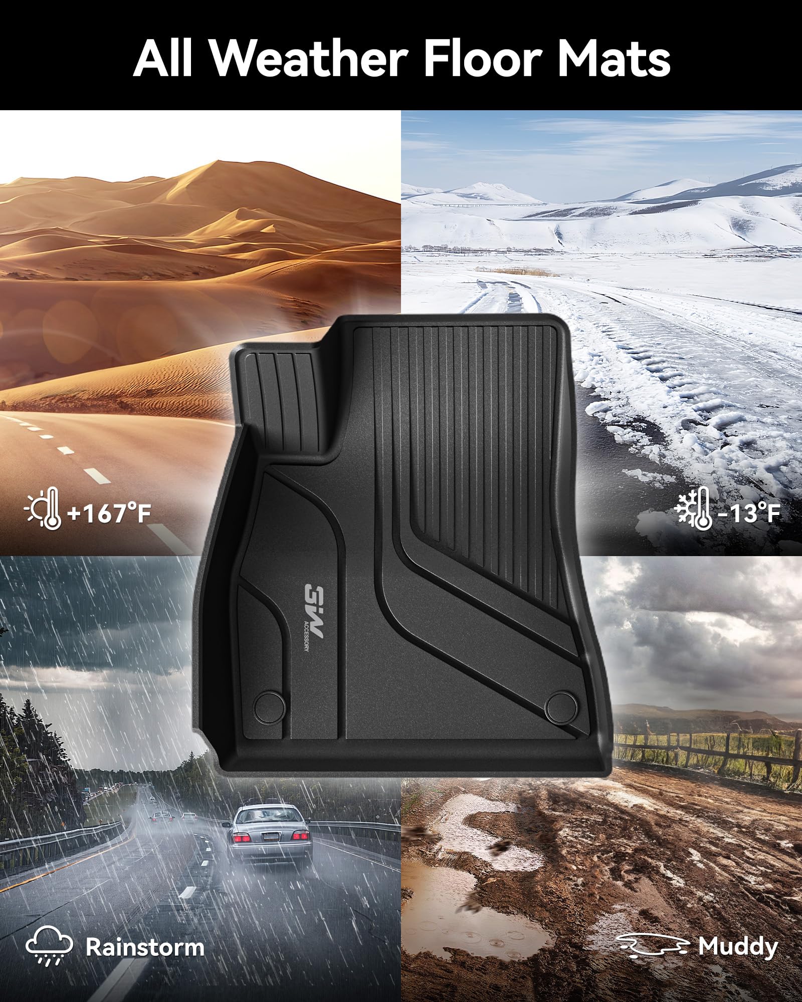 3W Floor Mats Fit for 2021-2023 Tesla Model 3, TPE All Weather Custom Fit Floor Liner 1st and 2nd Row Full Set Car Liners, Black