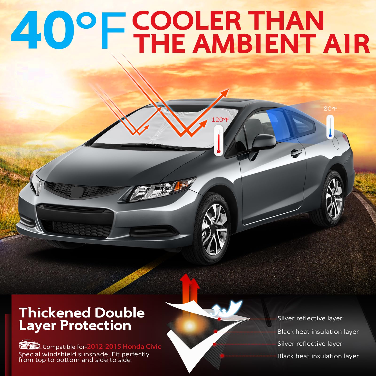 Kayzt Windshield Sun Shade For 2012-2015 Honda Civic Foldable Sunshade Front Window Custom Fit Car Accessories