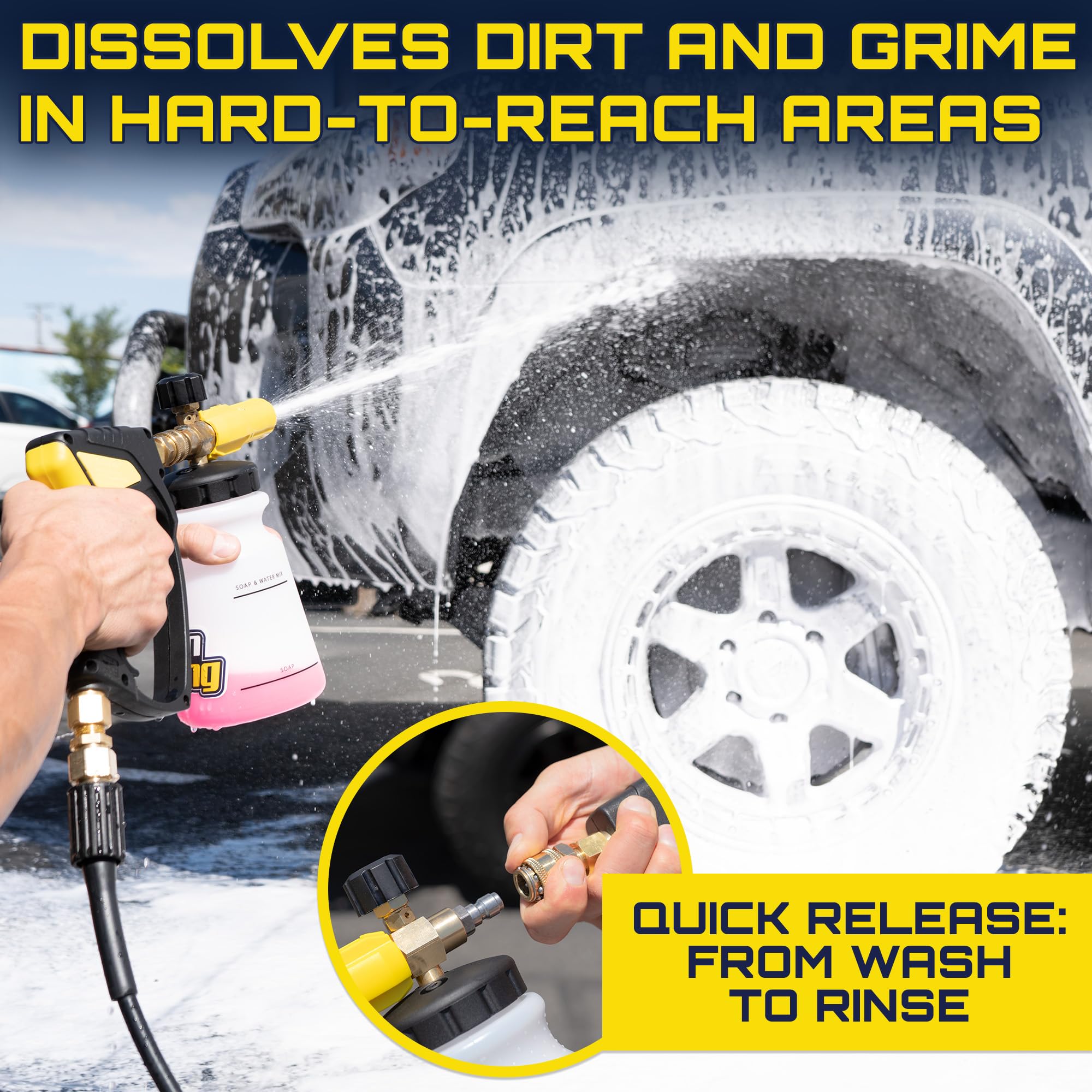 Foam King™ Foam Cannon Sprayer - Car Wash Cleaning For Gas & Electric Pressure Washers - Wide Neck, Wide Base, Heavy Duty - Professional Car Detailing Snow Foam Blaster