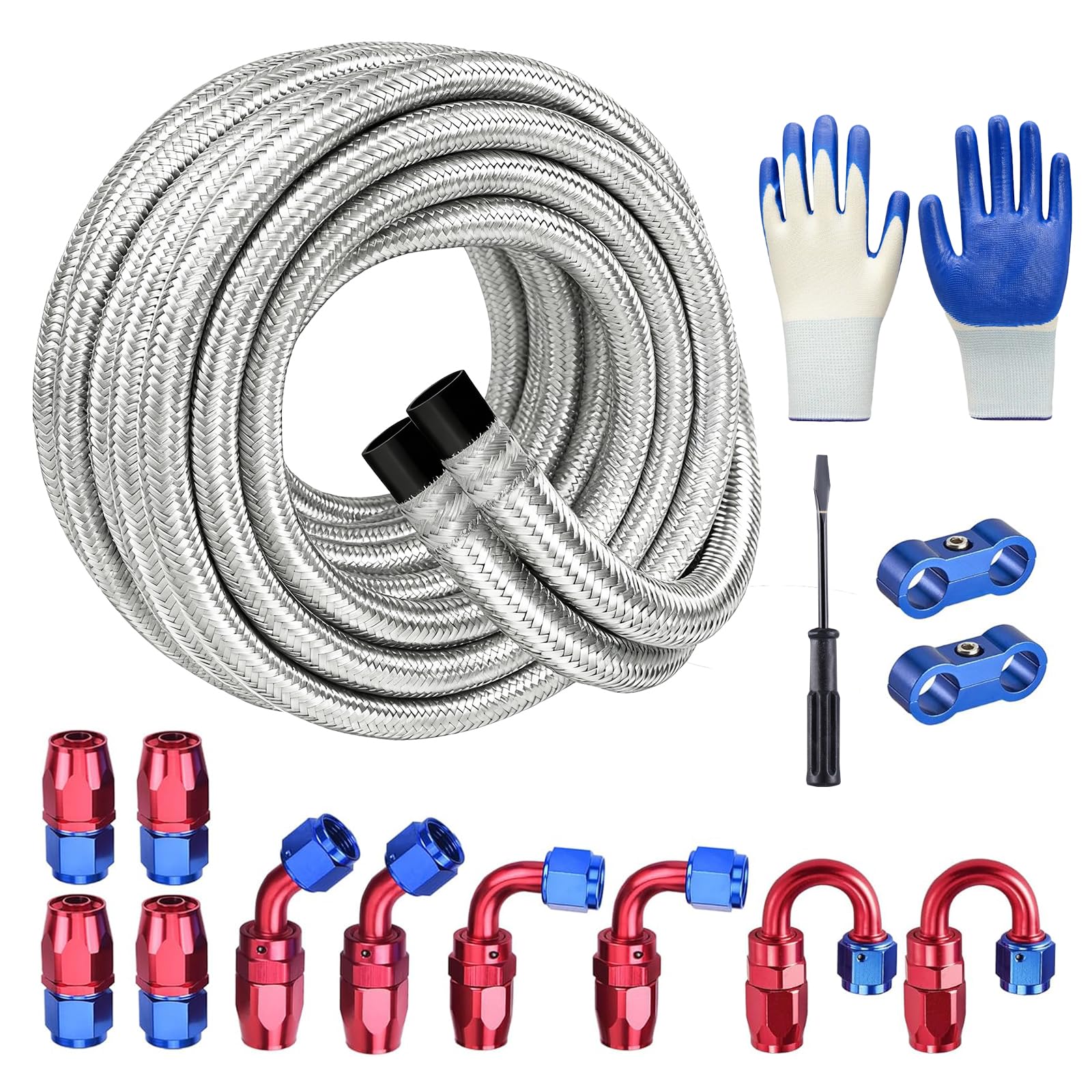 EVIL ENERGY 8AN Fuel Line Kit 20FT, 8AN Hose Stainless Steel Braided Fuel Line Fitting Kit with Installation Tools CPE, Silver