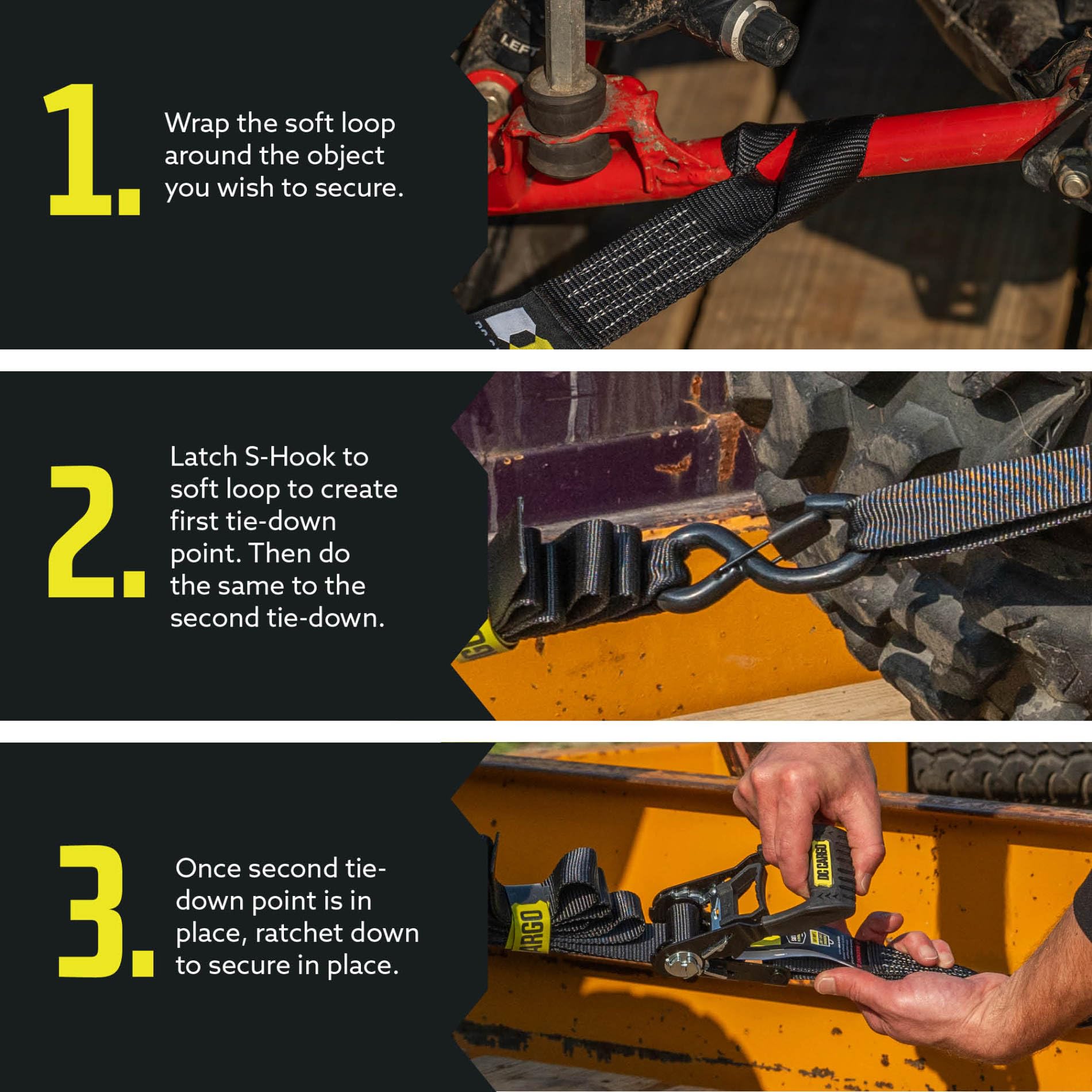 Motorcycle Tie Down Strap Kit, Includes (4) 1'' X 15' Ratchet Straps With (4) Soft Loops, Coated S Hooks & Padded Handles | 1,80