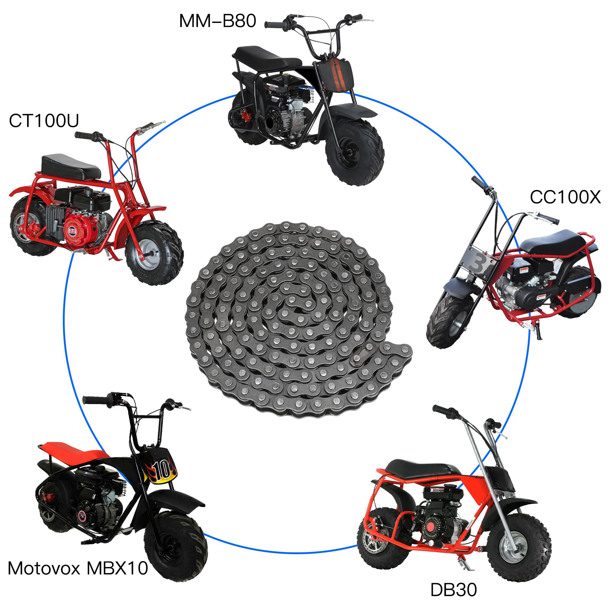 Yoxufa #35 Roller Chain 140 Links +Mini Bike Chain Tensioner For Coleman Ct100U Cc100X Baja Doodle Bug Db30 Predator 212Cc 79Cc 100Cc Motovox Mbx10 Mbx11 Mega Moto Mm-B80 105Cc Mini Bike Go Kart Parts