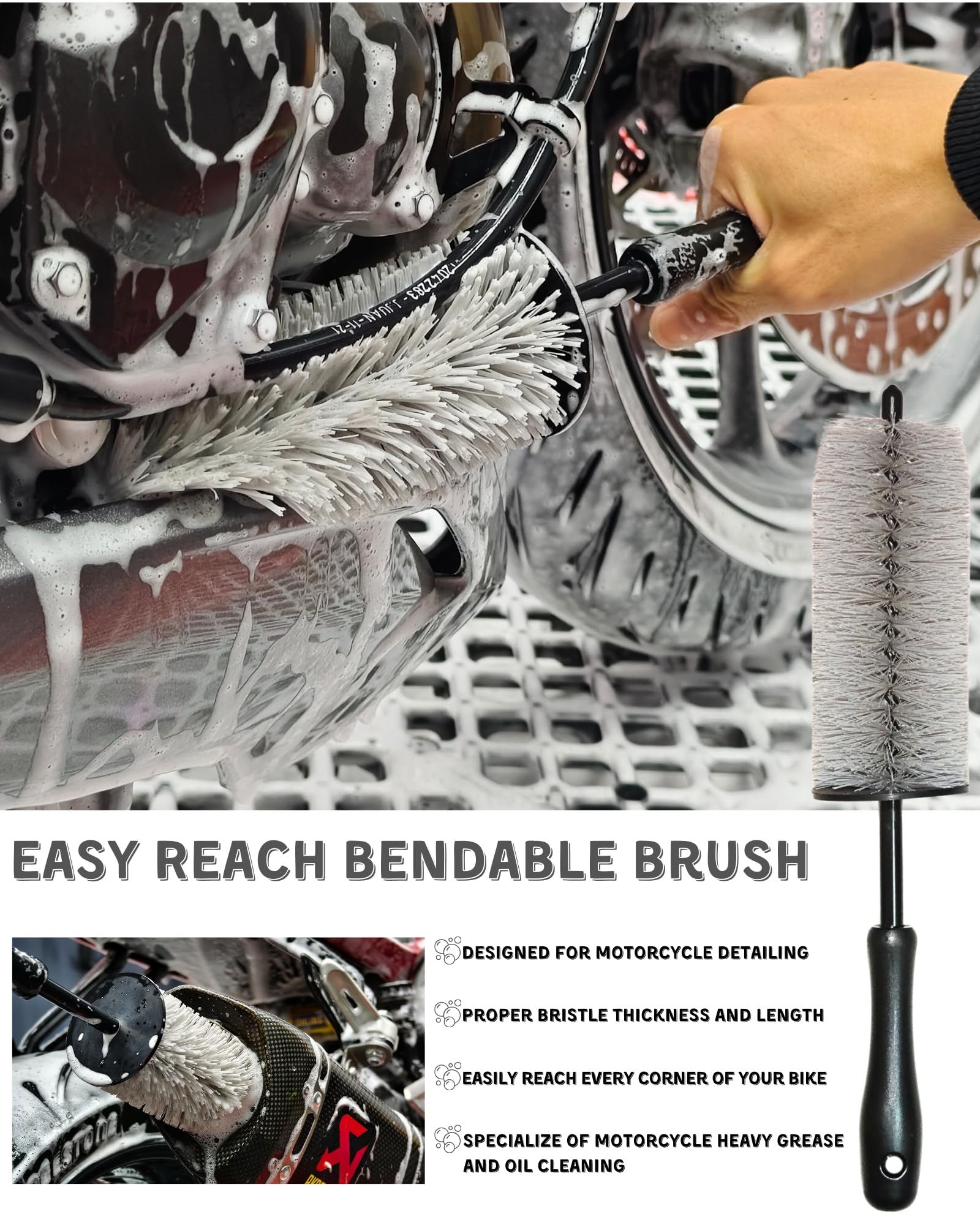 Oesee 8 Pack Motorcycle Cleaning Kit - Professional Safe For Chrome/Engine/Tires, Hard Reach Brush, Microfiber Mitt, Detailing T