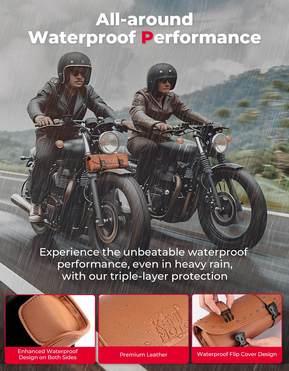 Kemimoto Universal Saddlebag - Waterproof Pu Leather Motorcycle Fork Bag For Front Fork Handlebar Sissybar Storage