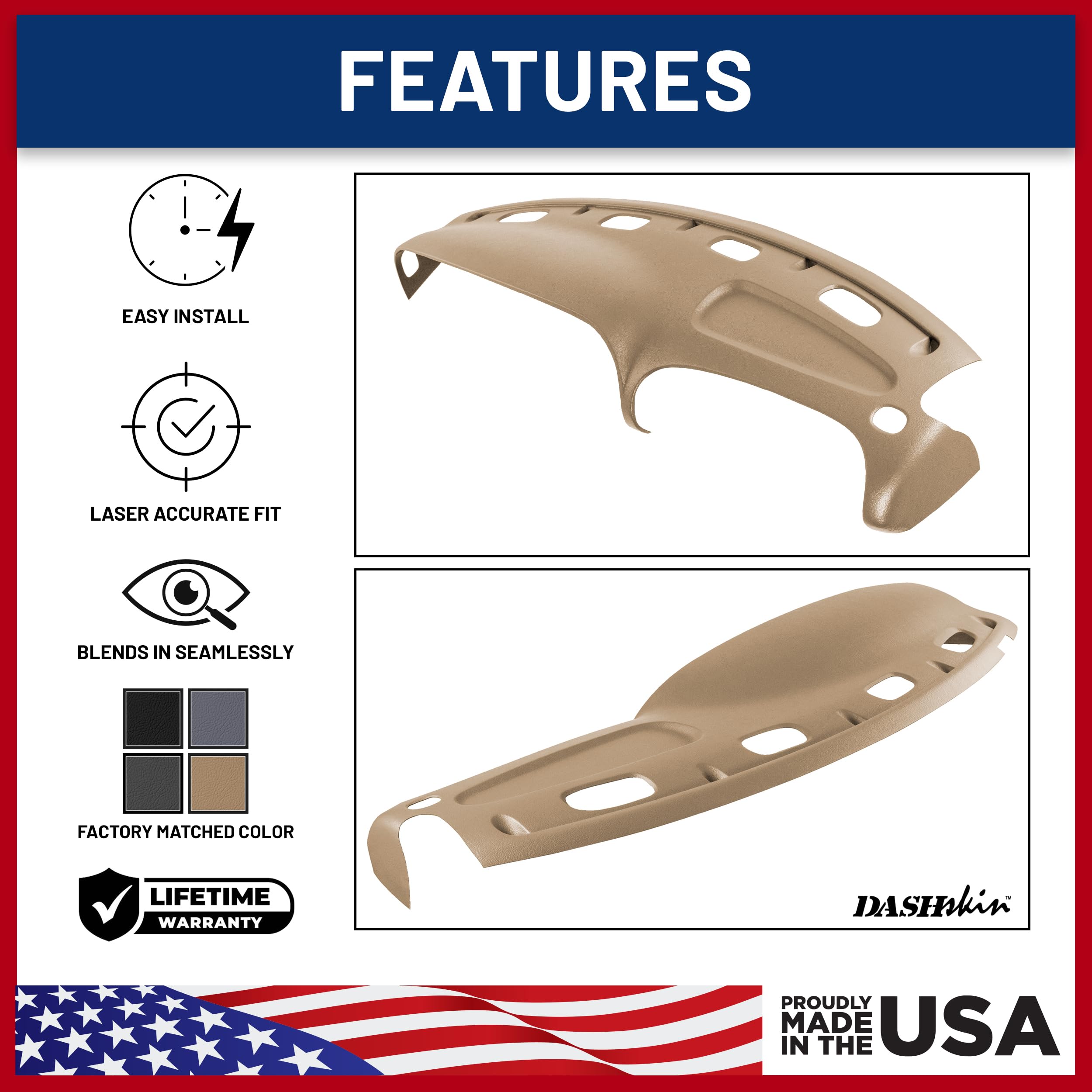 Dashskin Molded Dash Cover Cap Compatible With 1998 1999 2000 2001 Dodge Ram 1500 (98-02 Ram 2500 & 3500) In Camel - Made In The