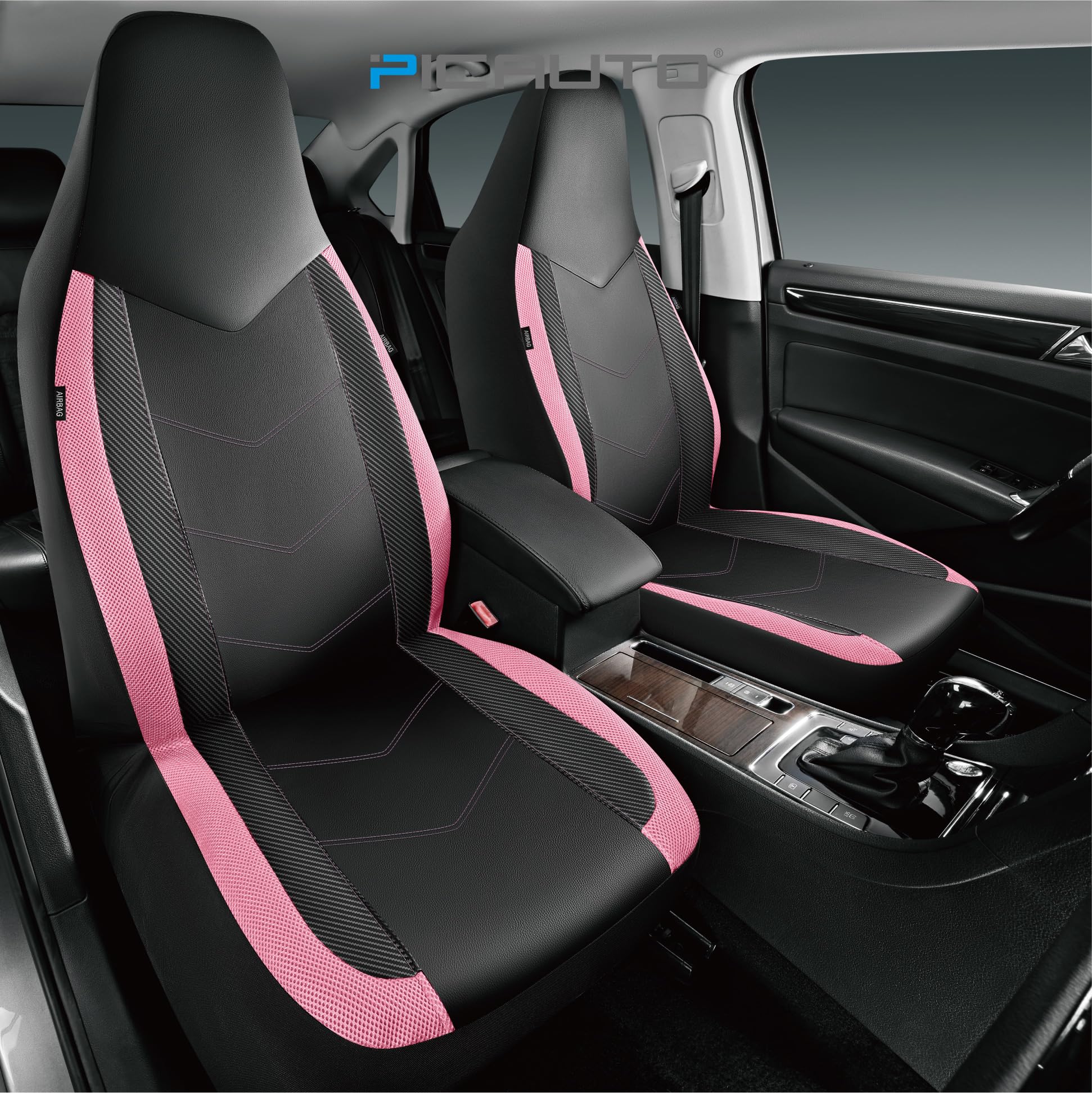 Pic Auto Leather Car Seat Covers, Sports Carbon Fiber & Mesh Design, High-Back Two Front Set, Waterproof Automotive Seat Covers,