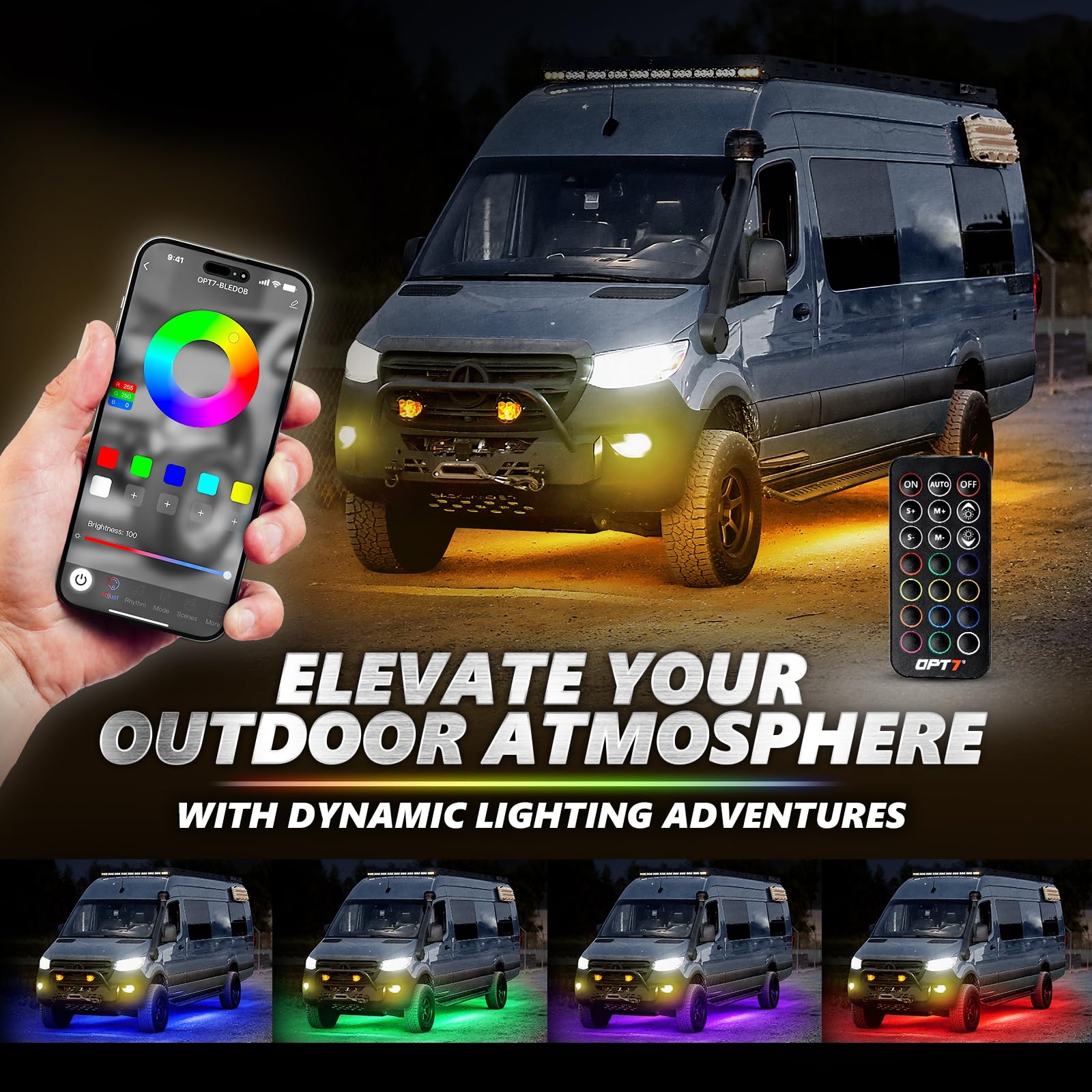 OPT7 Aura Pro Underglow Lights for RVs, RGB Multicolor, 6 PCS Waterproof Aluminum Bars, APP & Remote Control, Class B & B+